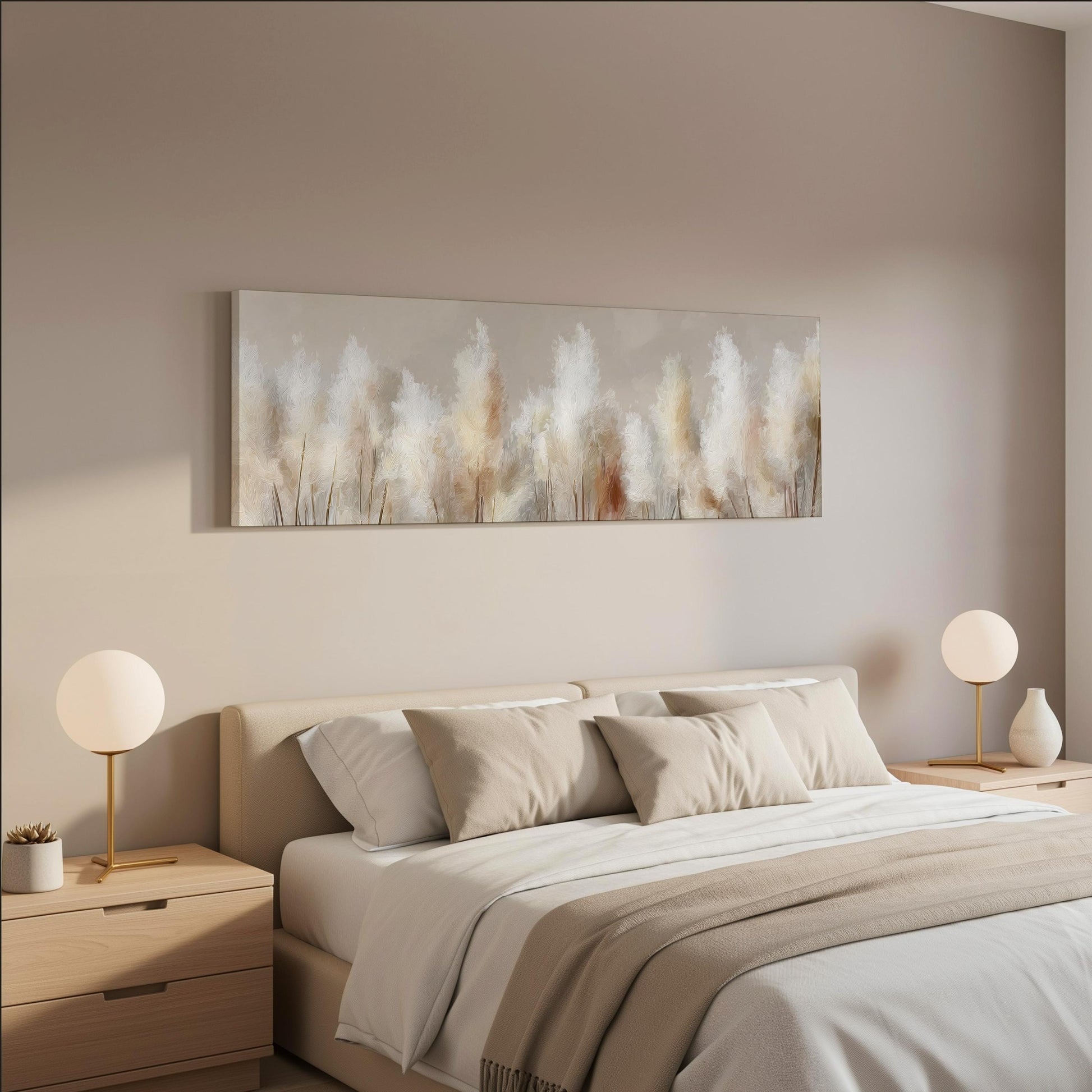 a serene and modern bedroom with a large bed, two nightstands with lamps, and a large painting of trees hanging above the bed.