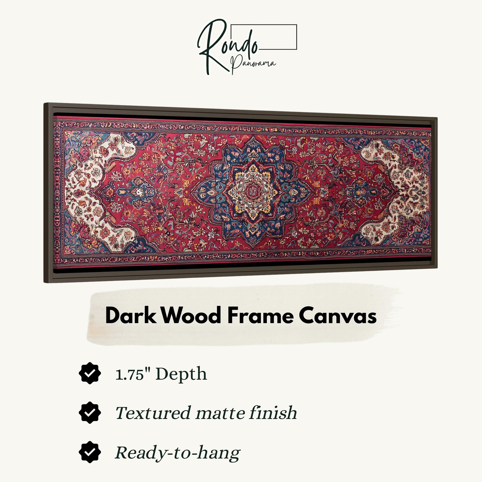 a dark wood frame canvas with a detailed, intricate design on a red and blue rug. The frame is described as having a 1.75" depth, a textured matte finish, and is ready-to-hang.