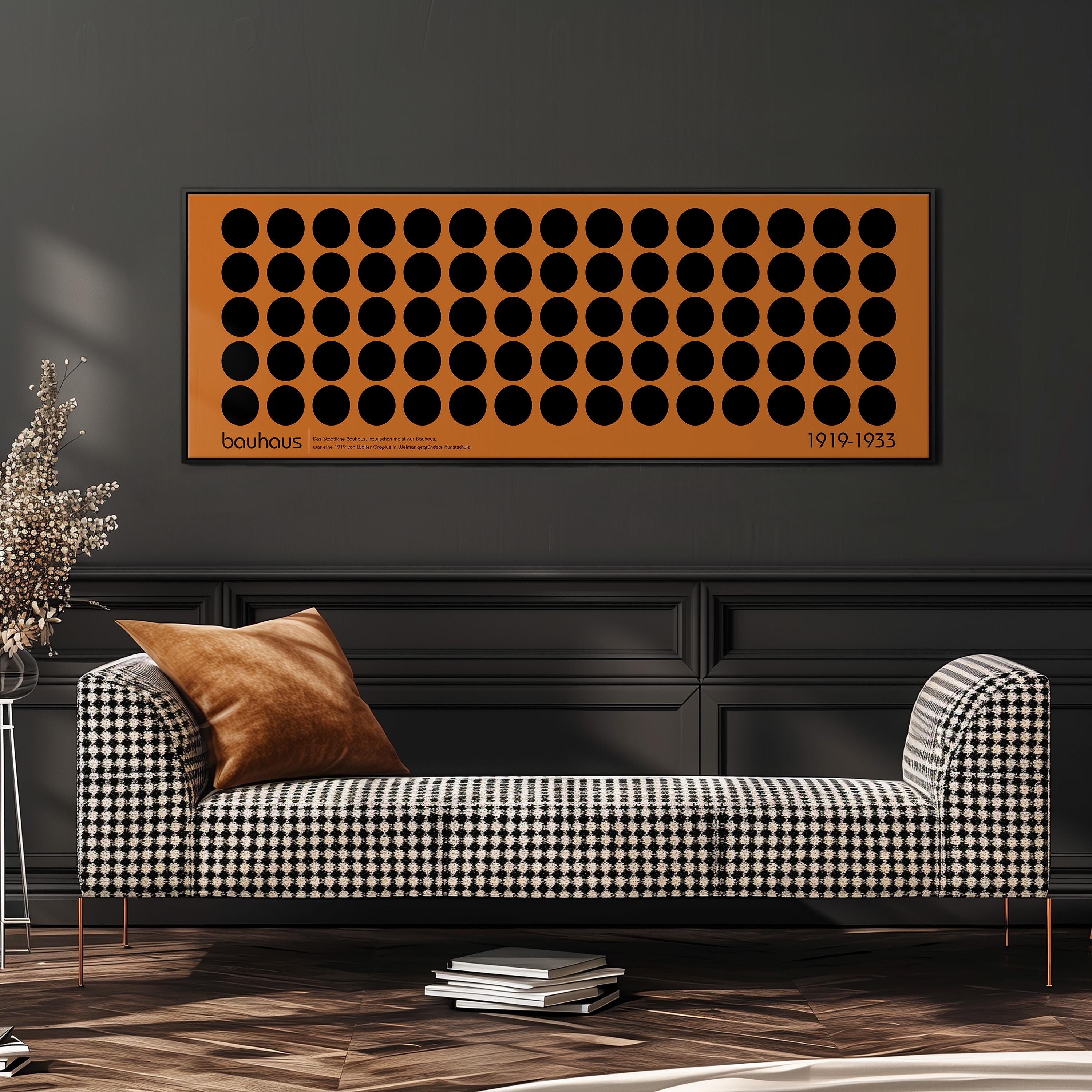 a modern living room with a black and white checkered sofa, a stack of books, and a potted plant. Above the sofa, there is a large orange and black abstract art piece with a repeating pattern of circles.
