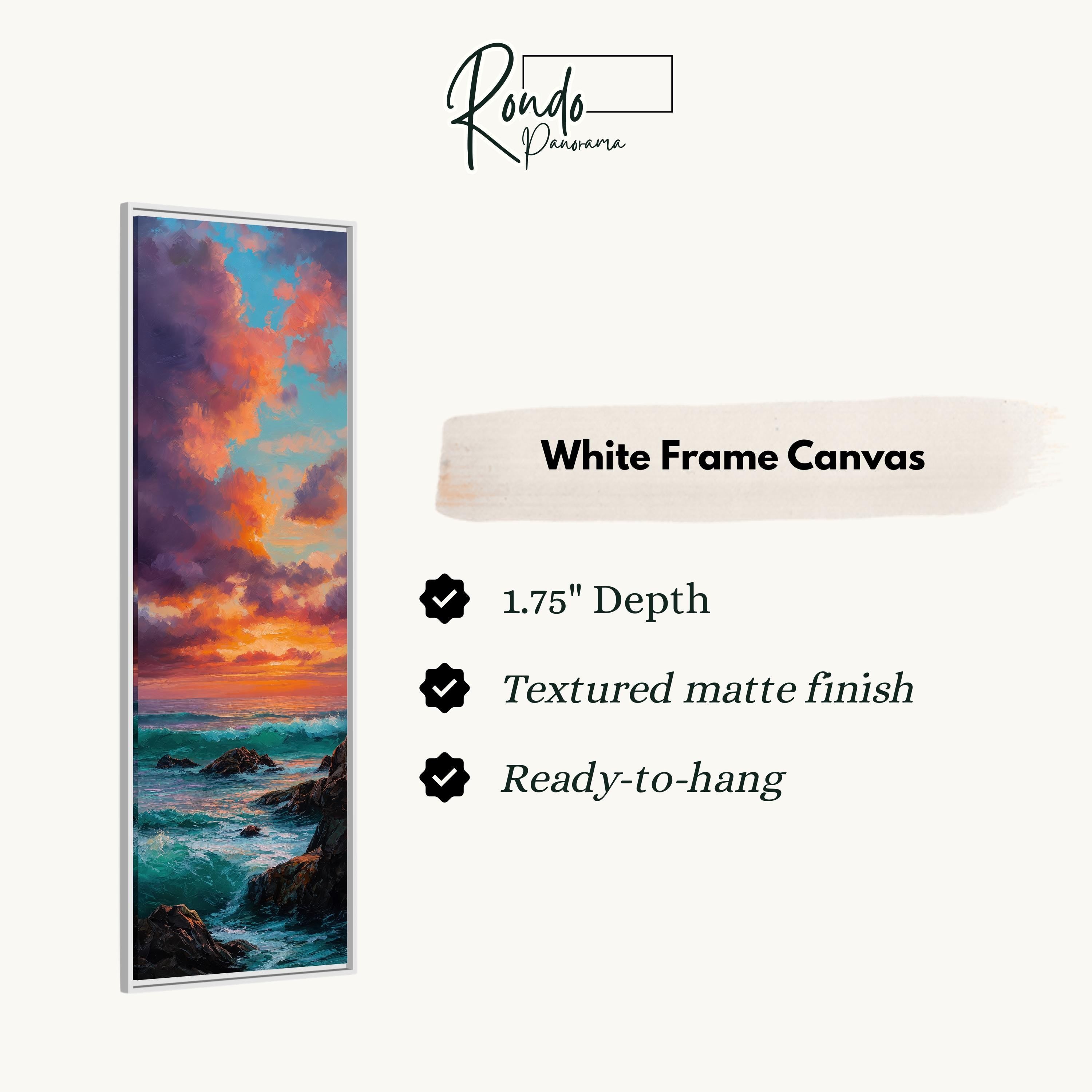 The image is a white frame canvas depicting a sunset over the ocean with waves crashing on the rocks.