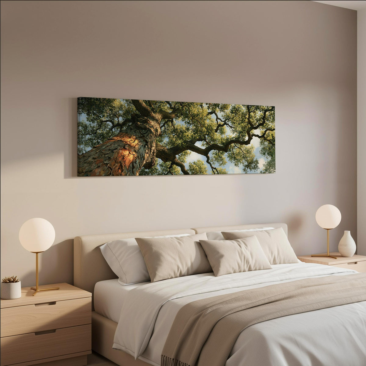 Ancient oak trunk and branches seen from below wide panoramic canvas print above a bed in a neutral bedroom