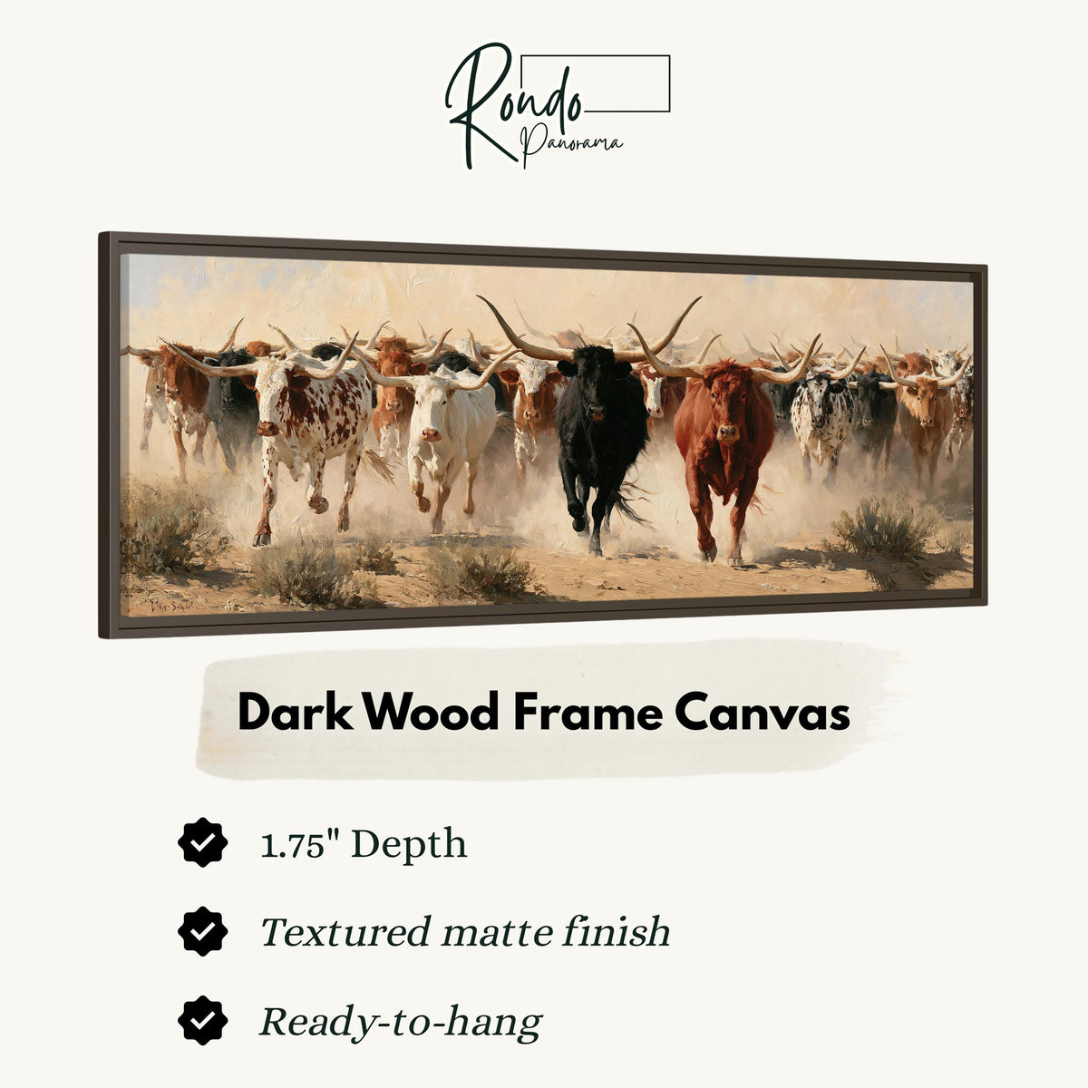 Longhorn cattle stampede canvas print in a dark wood floating frame