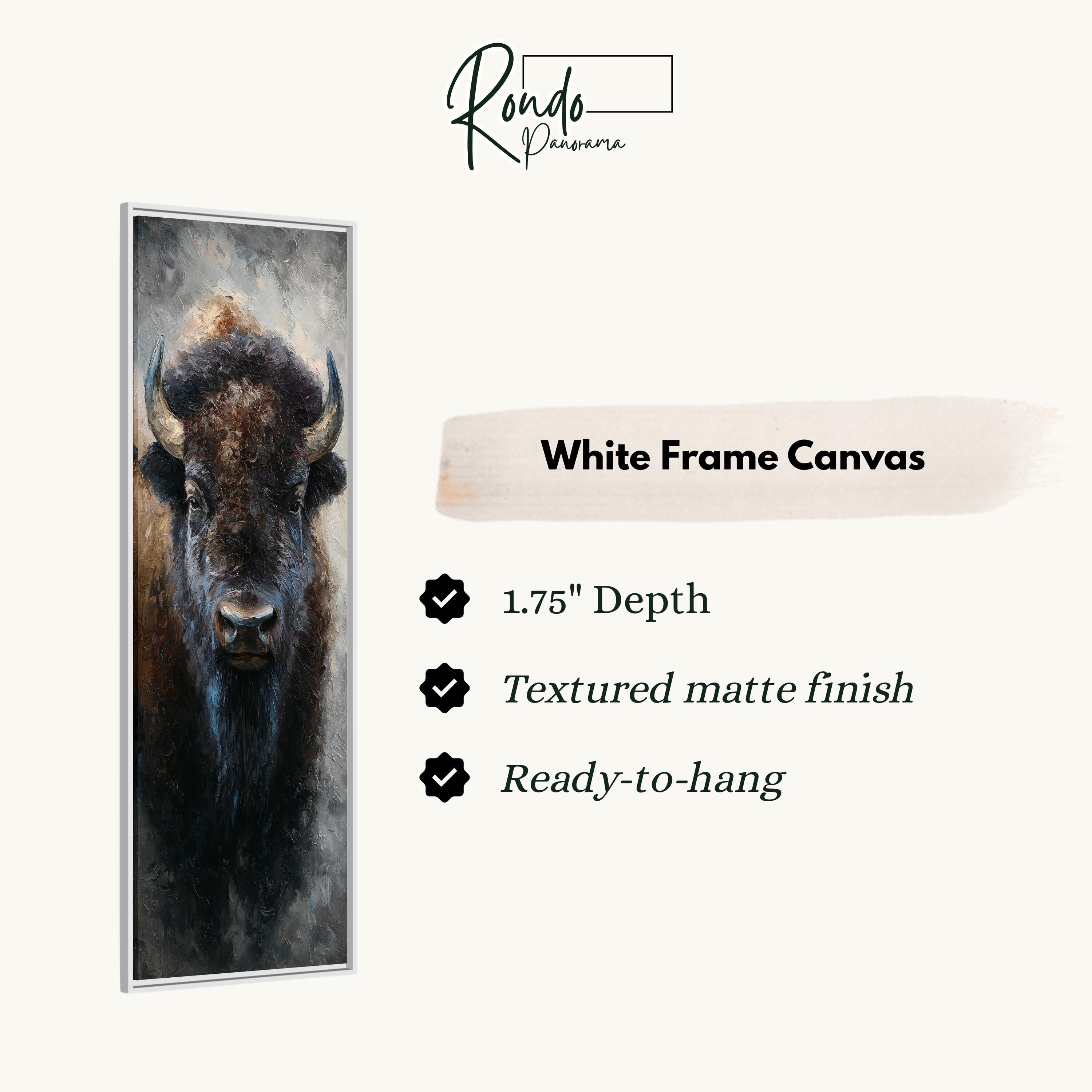 a close-up of a buffalo's head in a white frame, with a list of features and a logo for the company.