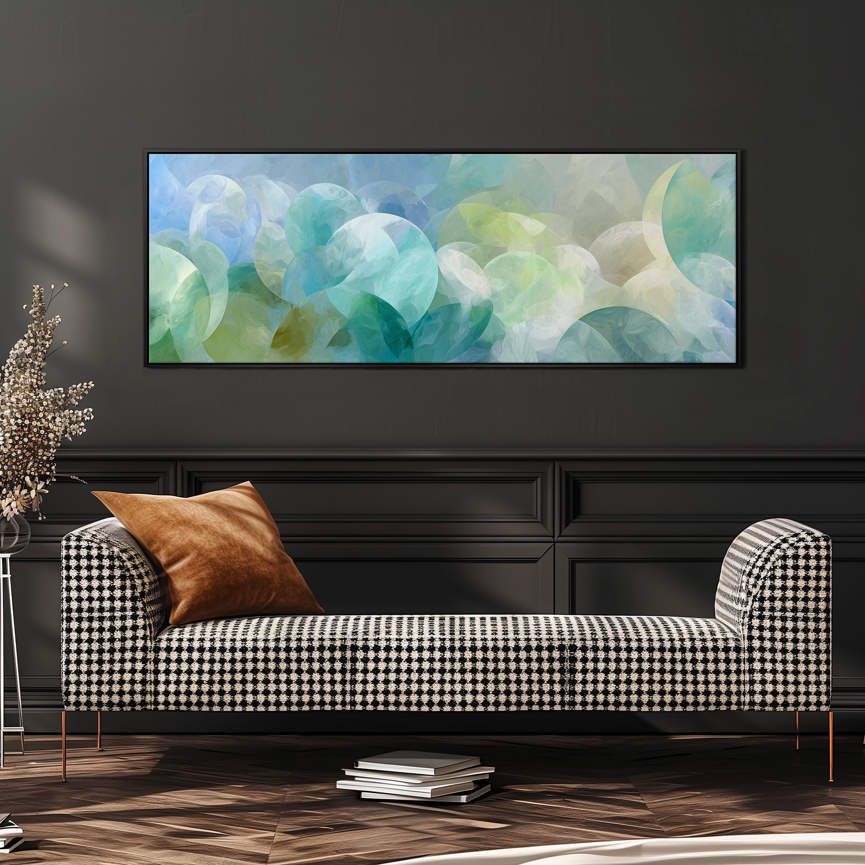 a modern living room with a black and white checkered sofa, a stack of books, and a large abstract painting hanging on the wall above the sofa.