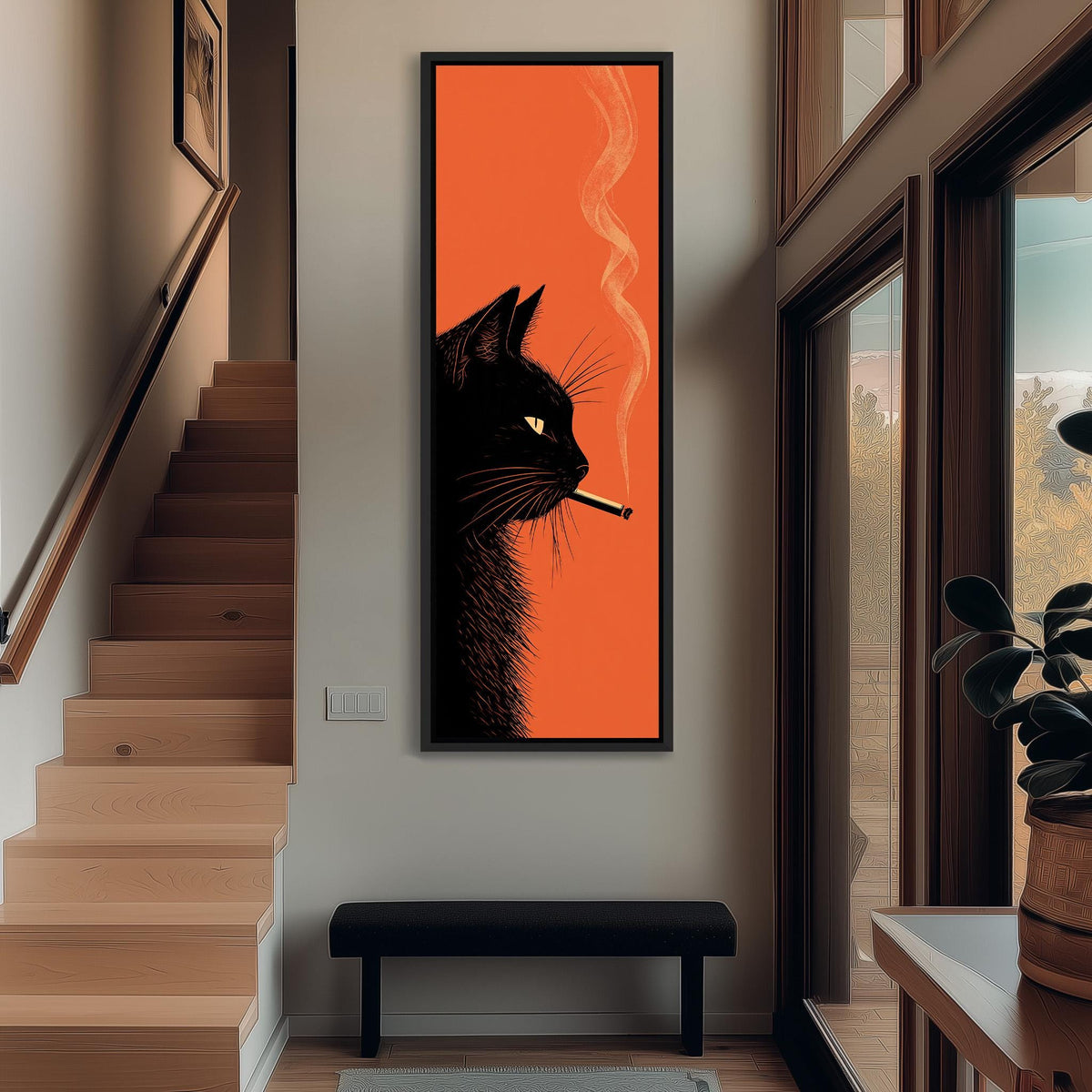 Black cat smoking on orange tall narrow canvas print beside a staircase in an entryway