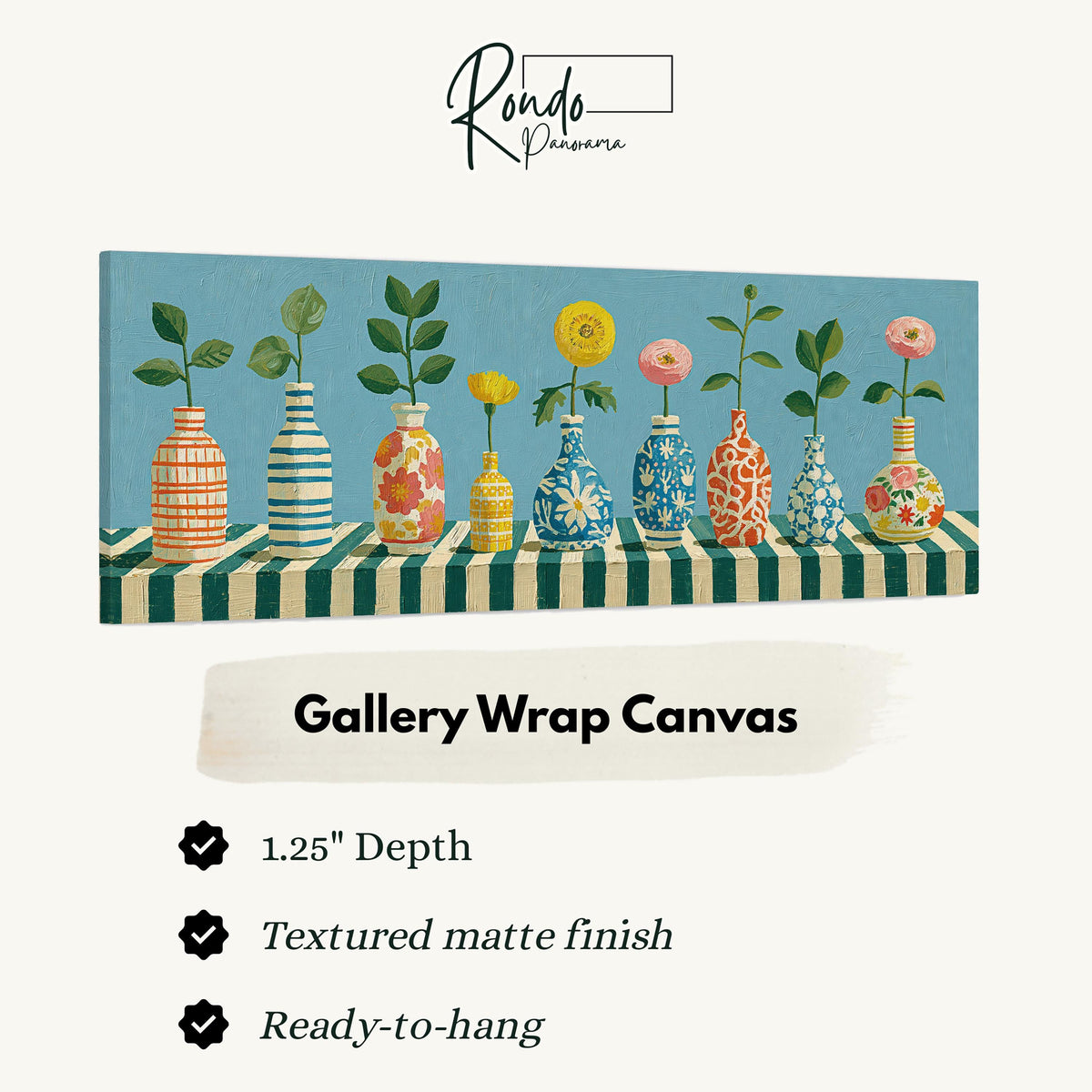 Row of striped vases with flowers gallery wrap canvas with the image wrapped around the edges