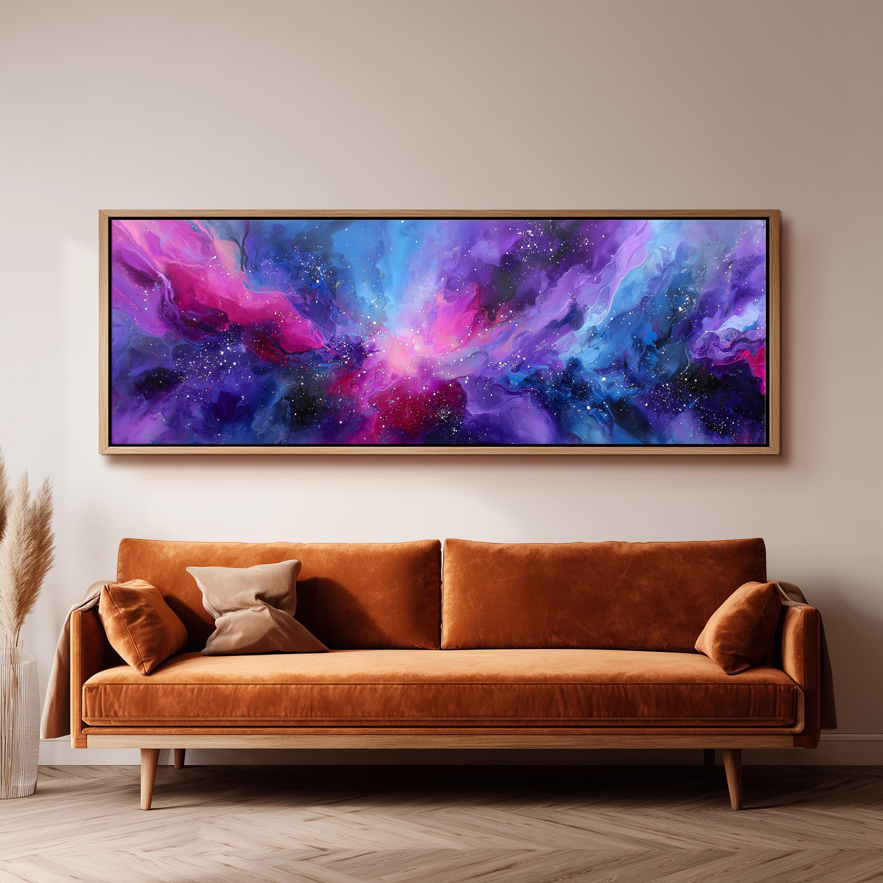 a large, vibrant abstract painting hanging on a wall above a brown sofa.