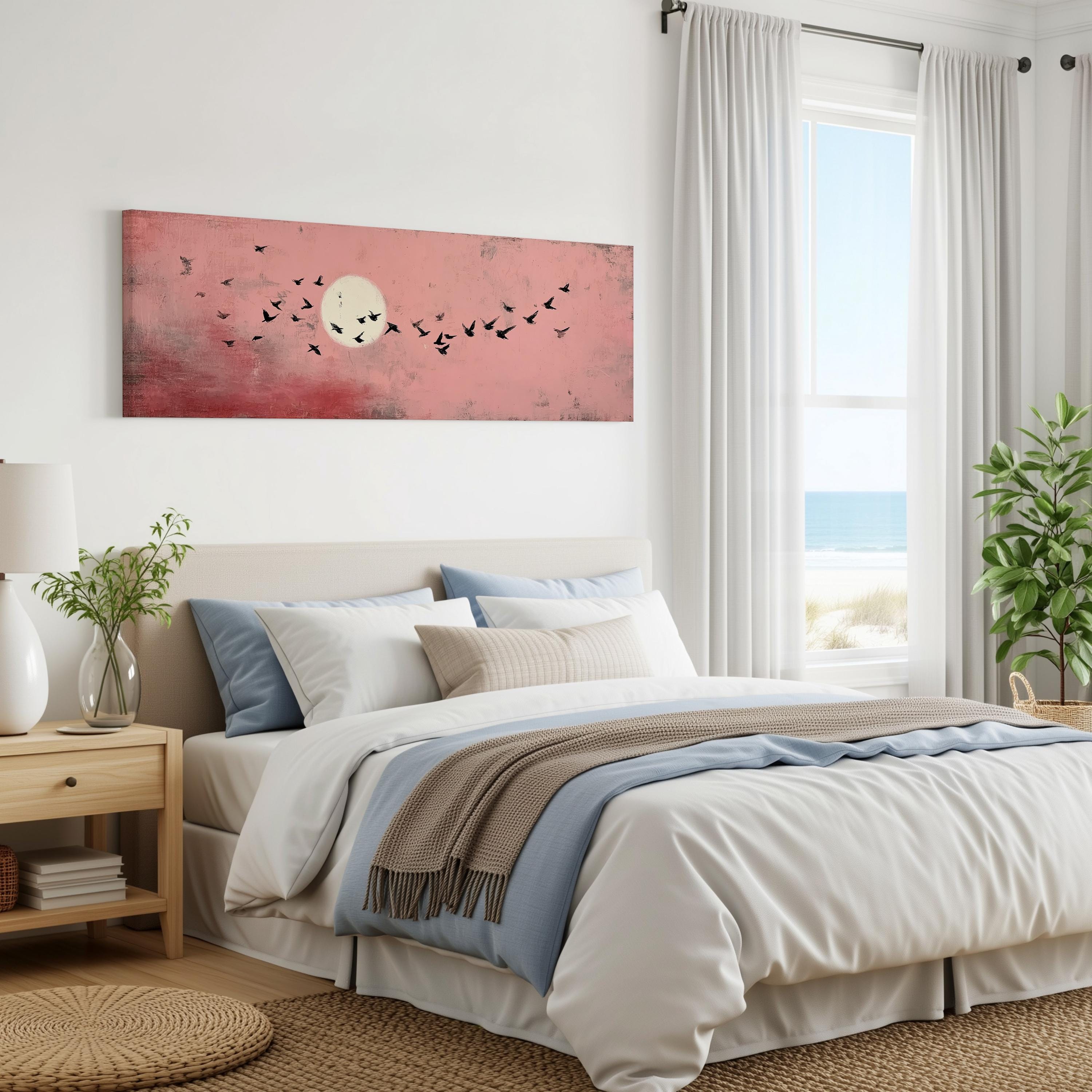 a serene bedroom scene with a large bed, a nightstand, and a painting of a flock of birds flying over a pink sky.