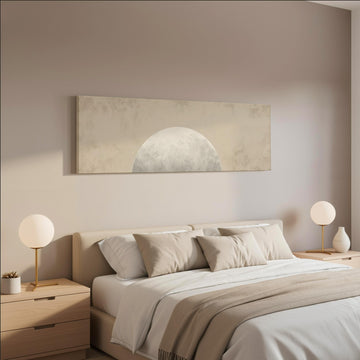 a serene and modern bedroom with a large bed, two nightstands with lamps, and a large abstract painting on the wall above the bed.