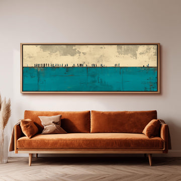 a large, rectangular painting hanging on a wall above a brown sofa.