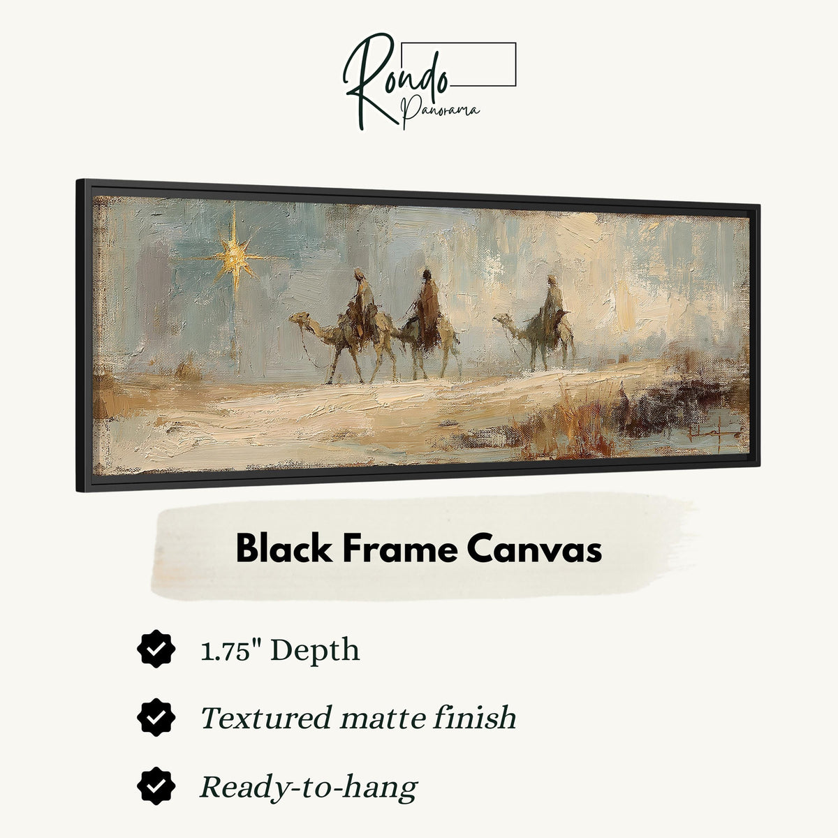 Wise men on camels following the star canvas print in a black floating frame