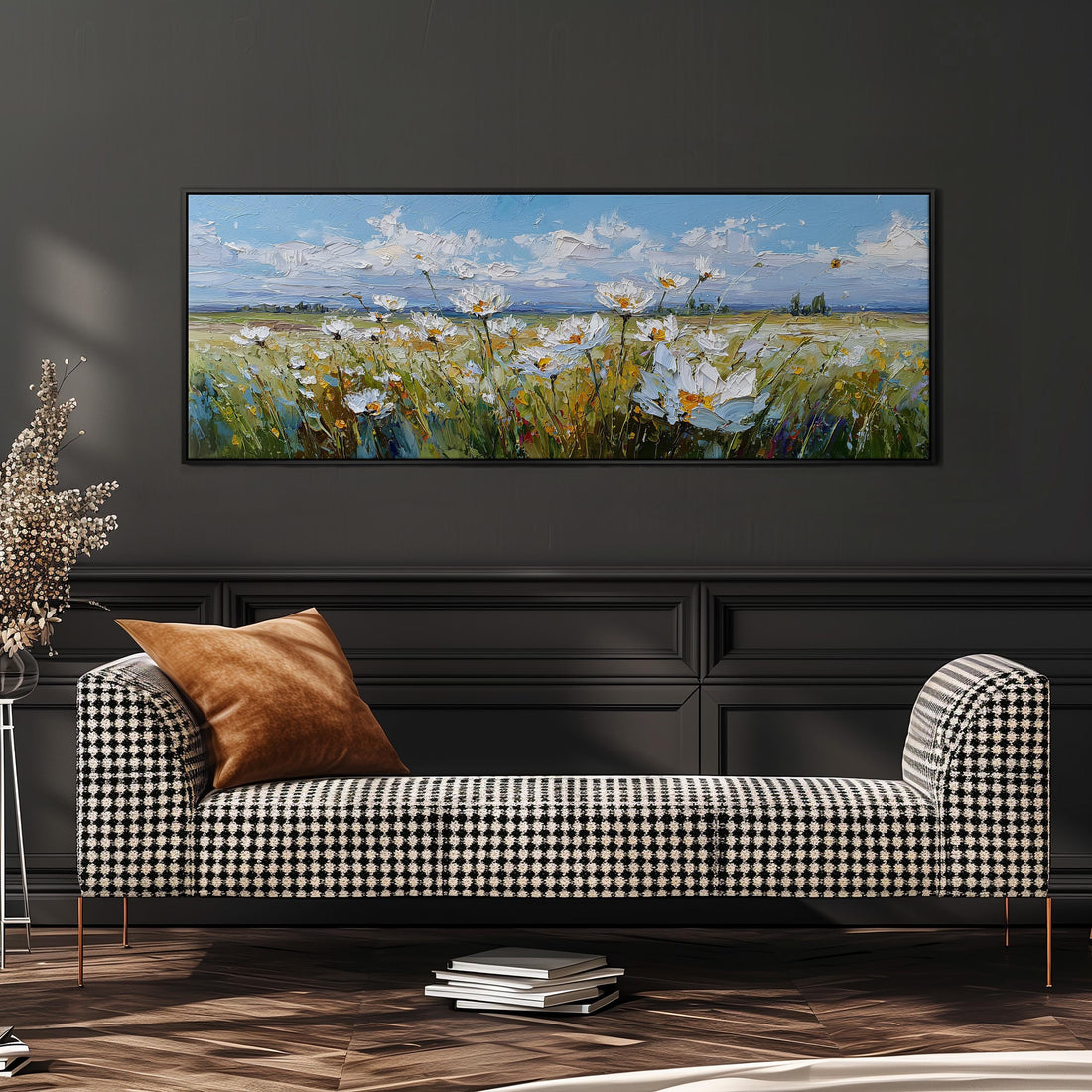 a dining room with a large painting of a field of flowers hanging on the wall above a wooden dining table with four chairs. The table is set with a bowl of fruit and a vase of flowers, creating a cozy and inviting atmosphere.