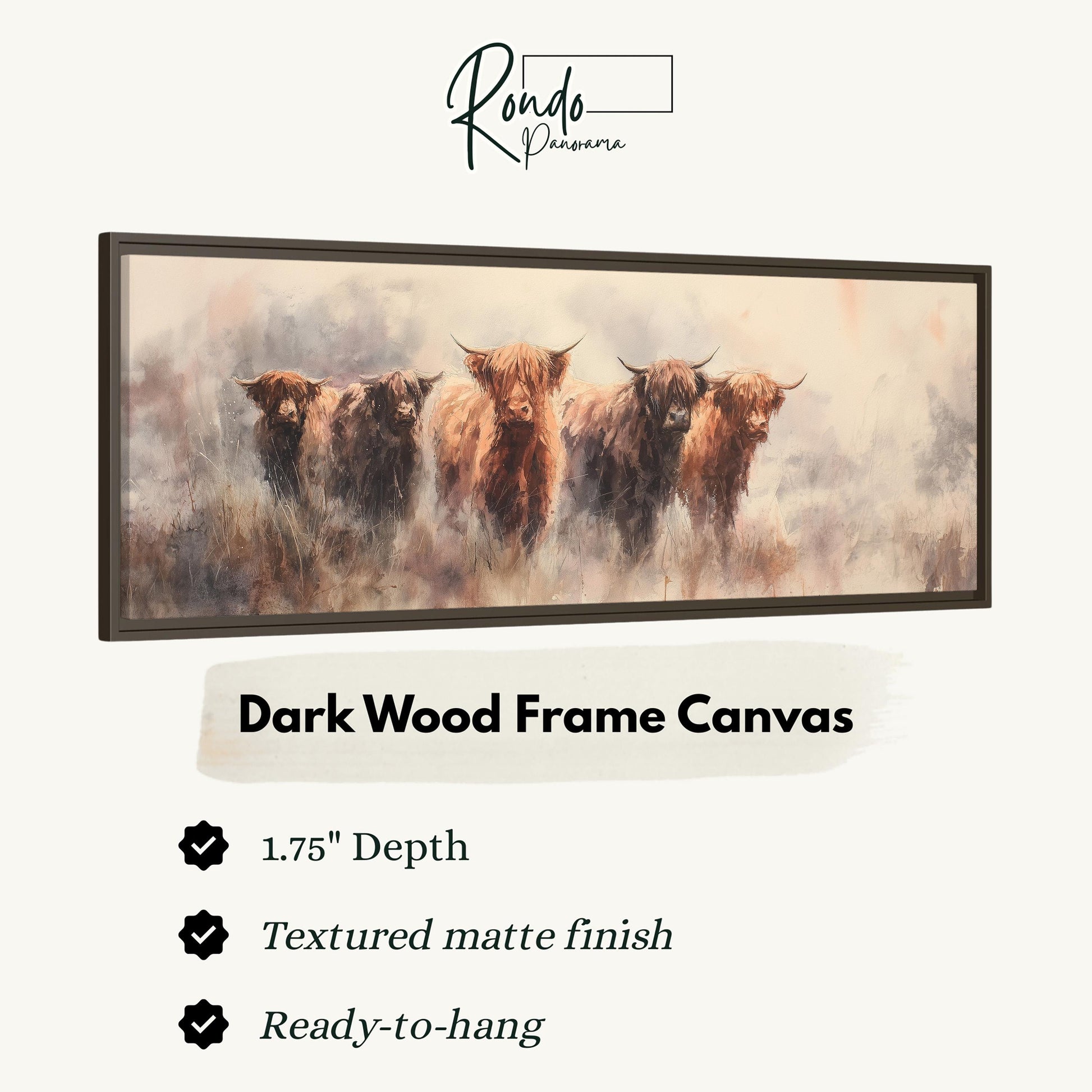 The image is a painting of four yaks standing in a field.