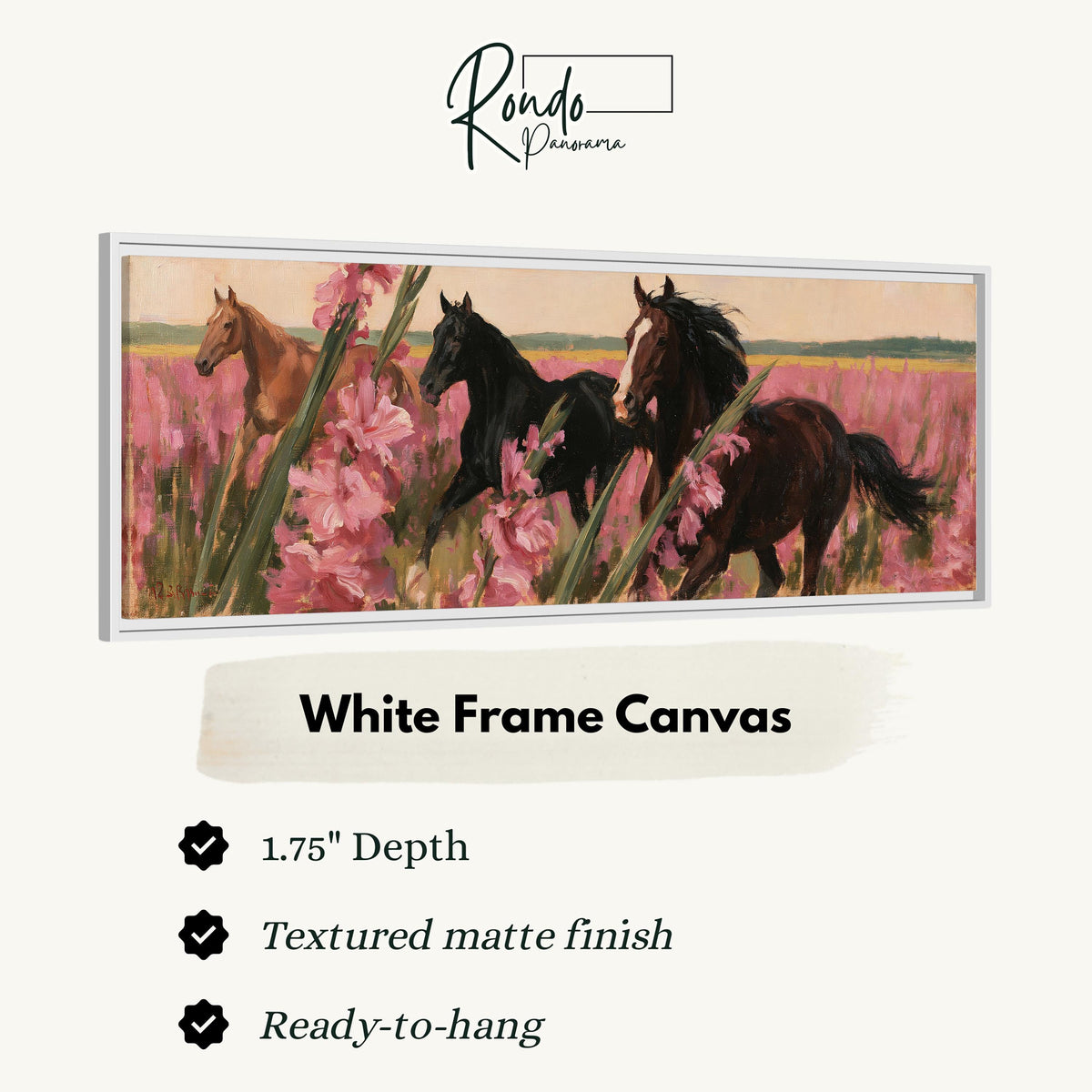 Horses running through pink gladiolus canvas print in a white floating frame