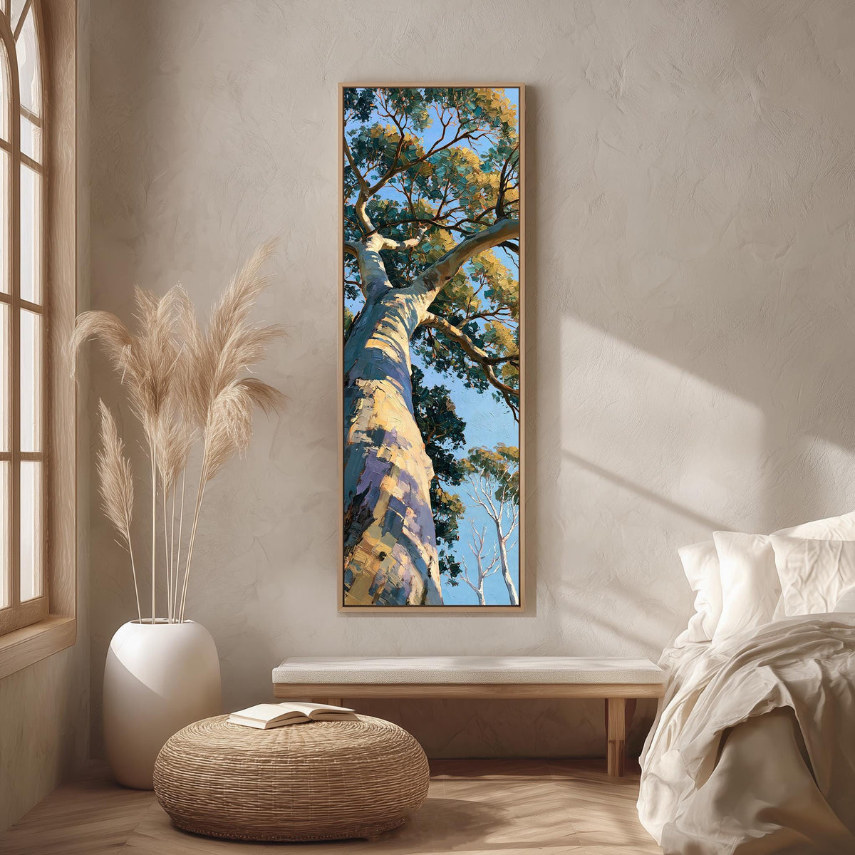 Gum tree trunk rising into a sunlit canopy long vertical canvas print in a bright reading corner