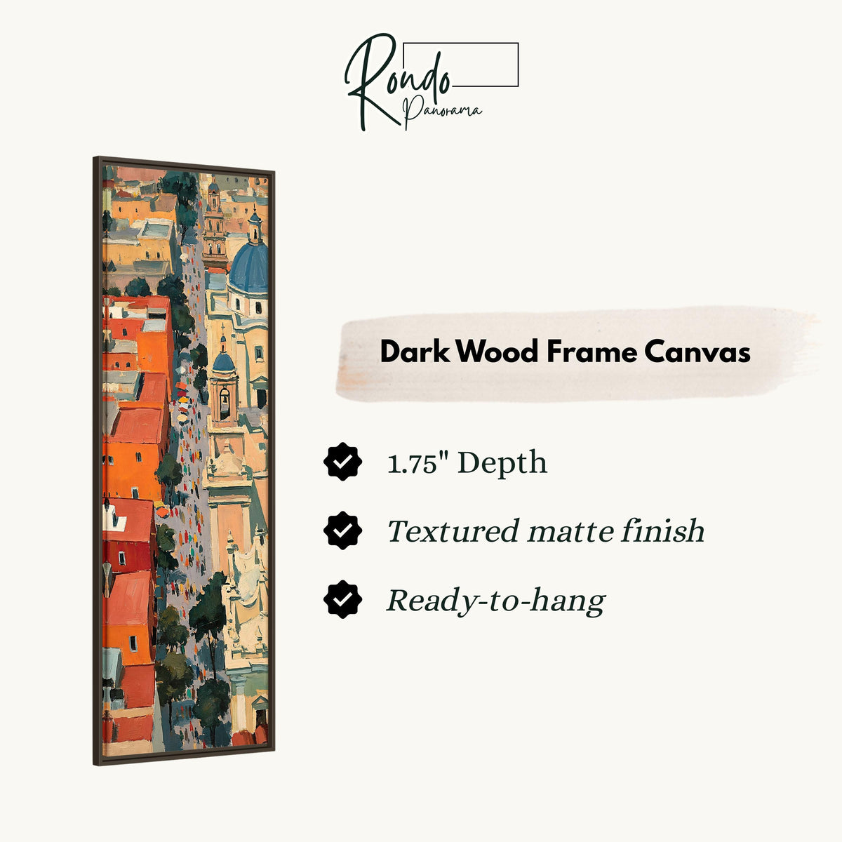 Procession through a colorful old town seen from above canvas print in a dark wood floating frame