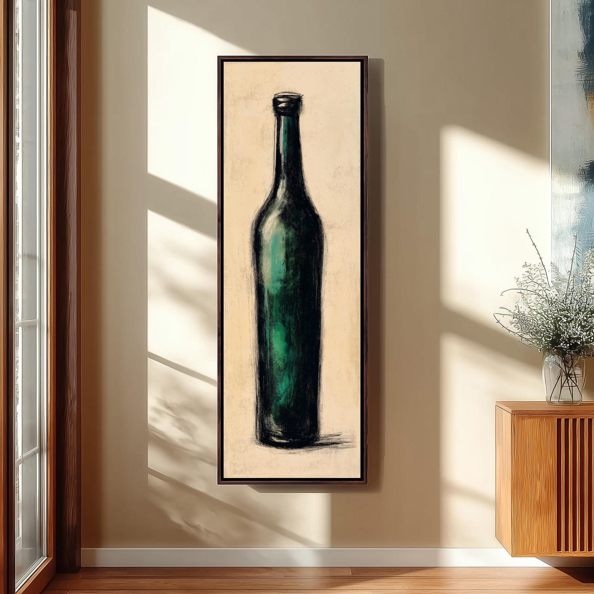 a large framed painting of a green bottle hanging on a wall.