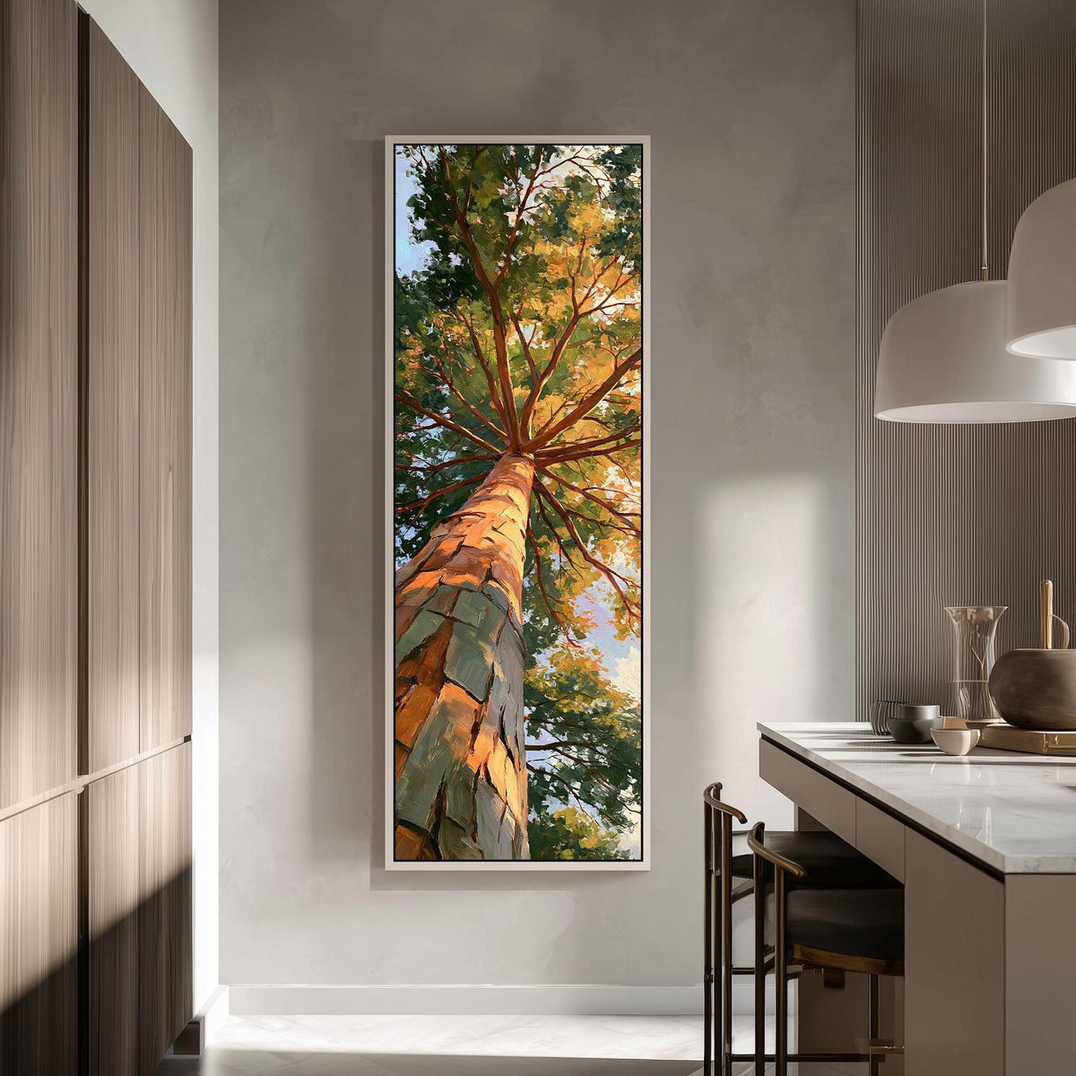 Sunlit pine trunk rising into a green and gold canopy tall skinny canvas print in a modern kitchen