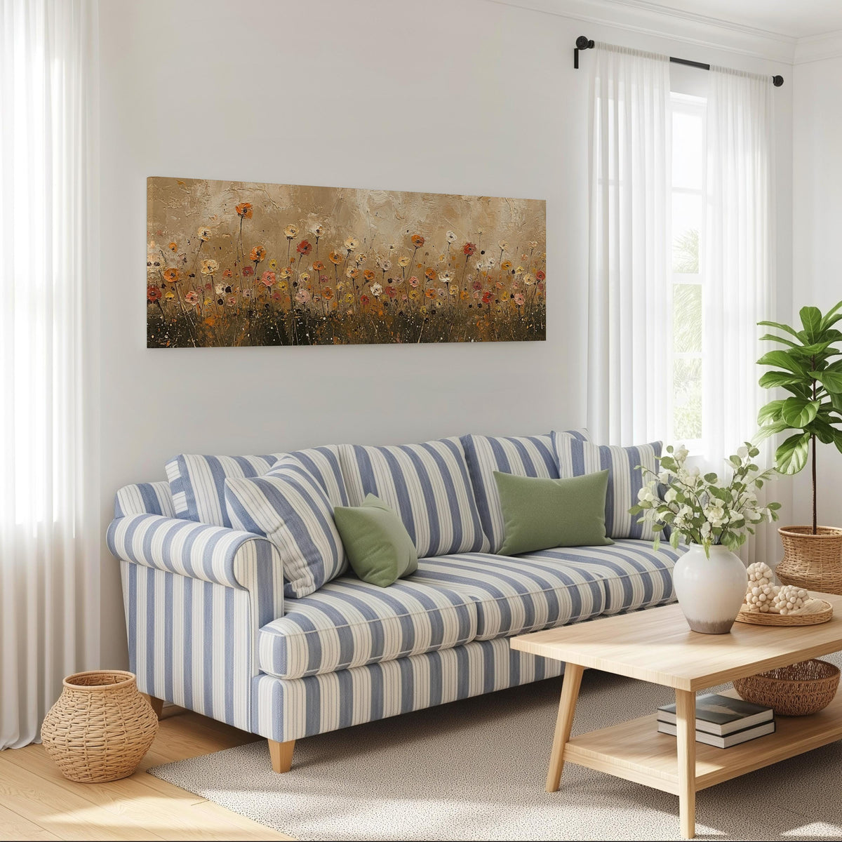 Golden wildflower field long horizontal canvas print above a striped sofa in a coastal living room
