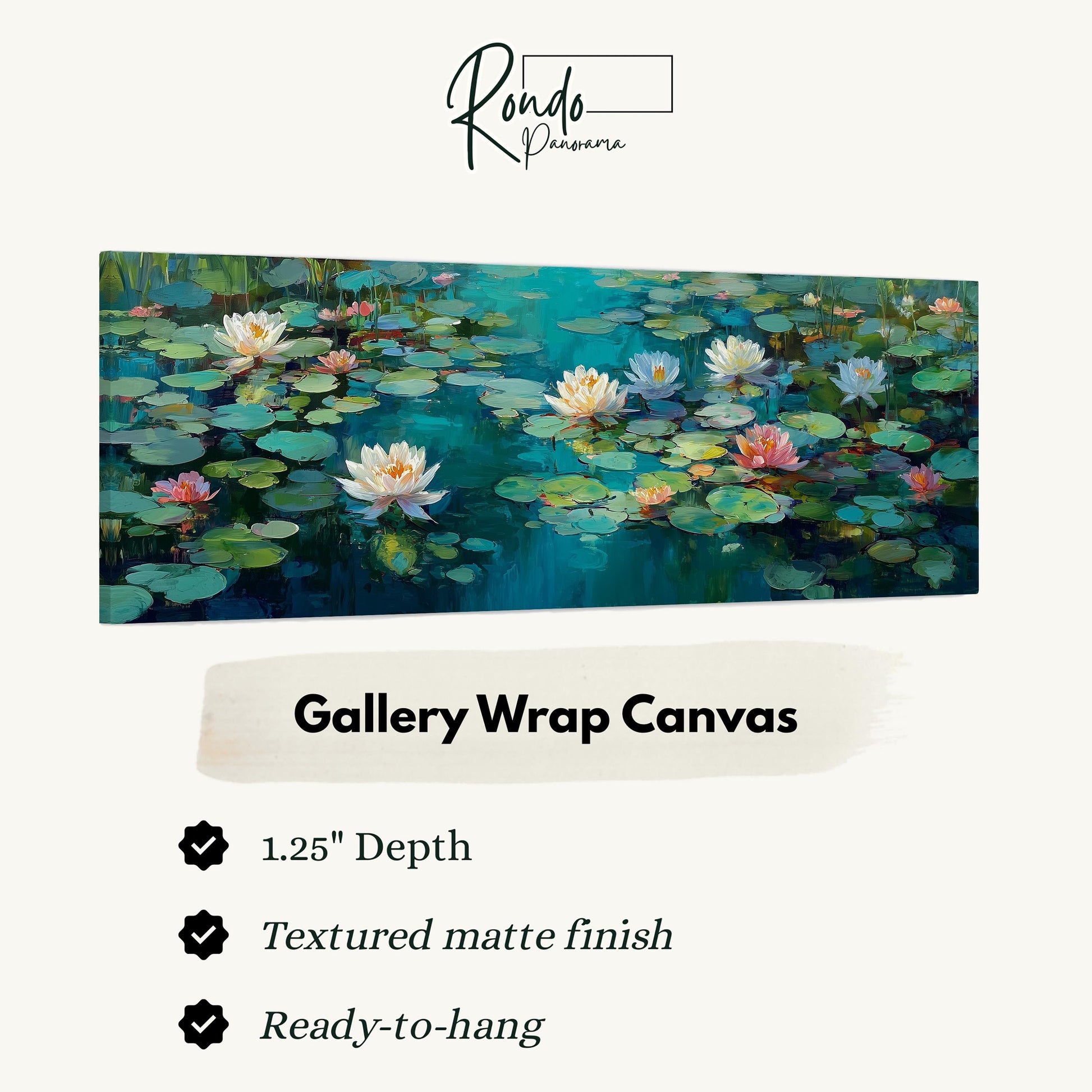 The image is a painting of lily pads floating on a pond, with water lilies and other aquatic plants.