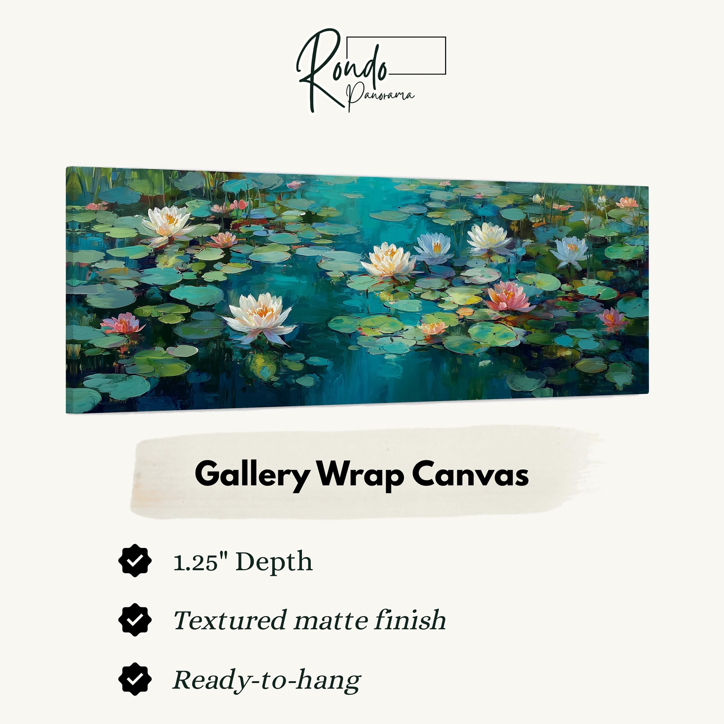 The image is a painting of lily pads floating on a pond, with water lilies and other aquatic plants.