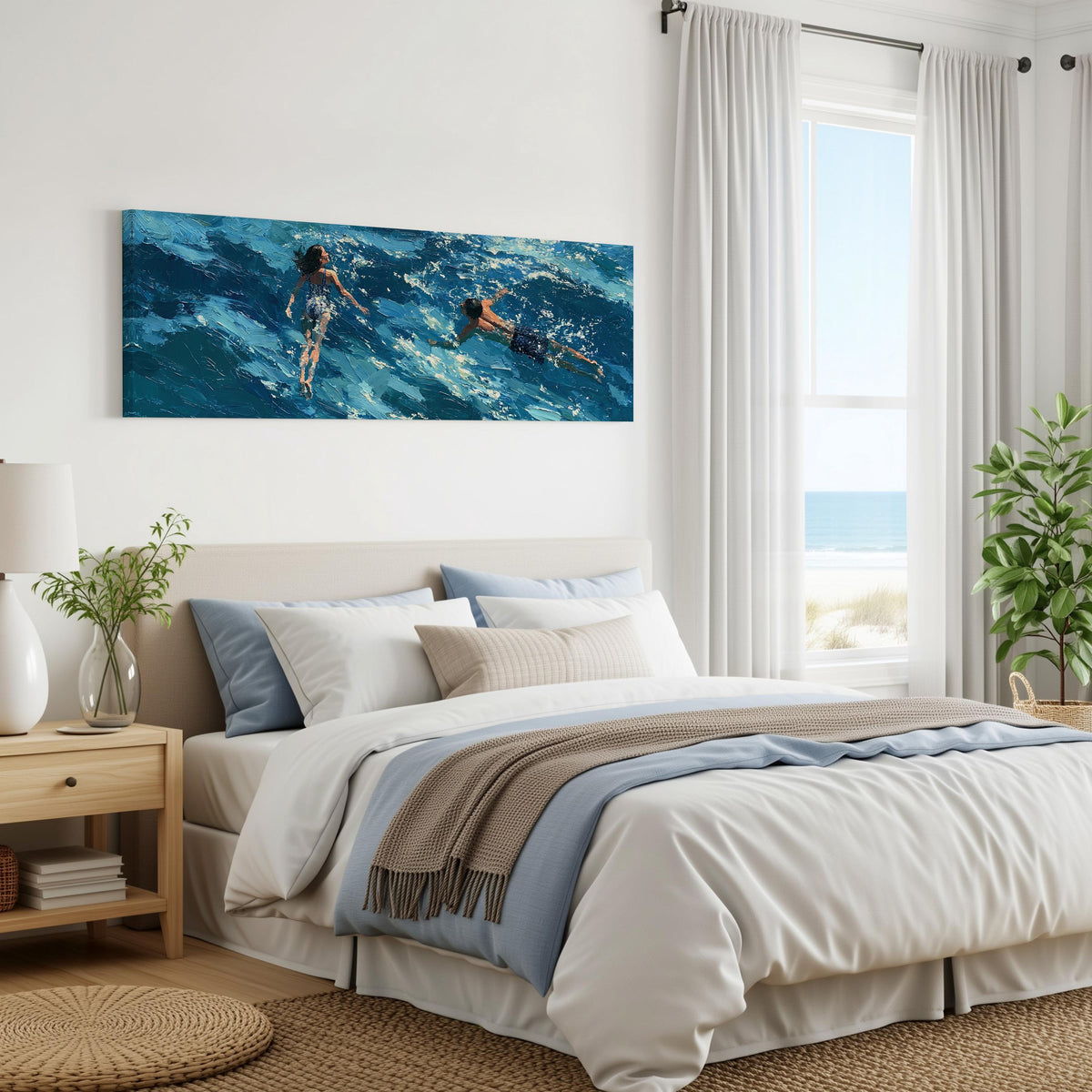 Two swimmers in turquoise waves panoramic canvas print above a bed in a coastal bedroom