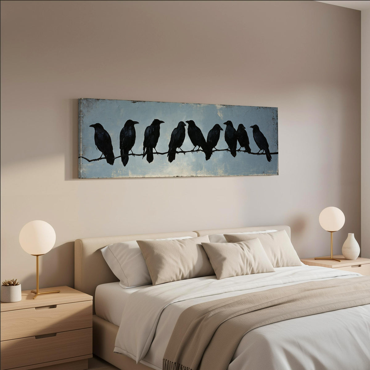 Crows gathered on a branch wide panoramic canvas print above a bed in a neutral bedroom