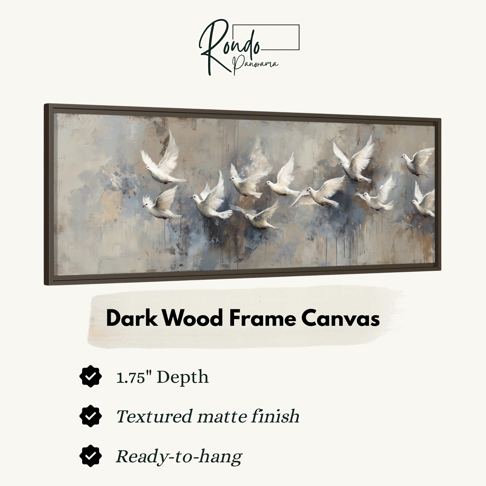 a dark wood frame canvas with a painting of a flock of white birds in flight.