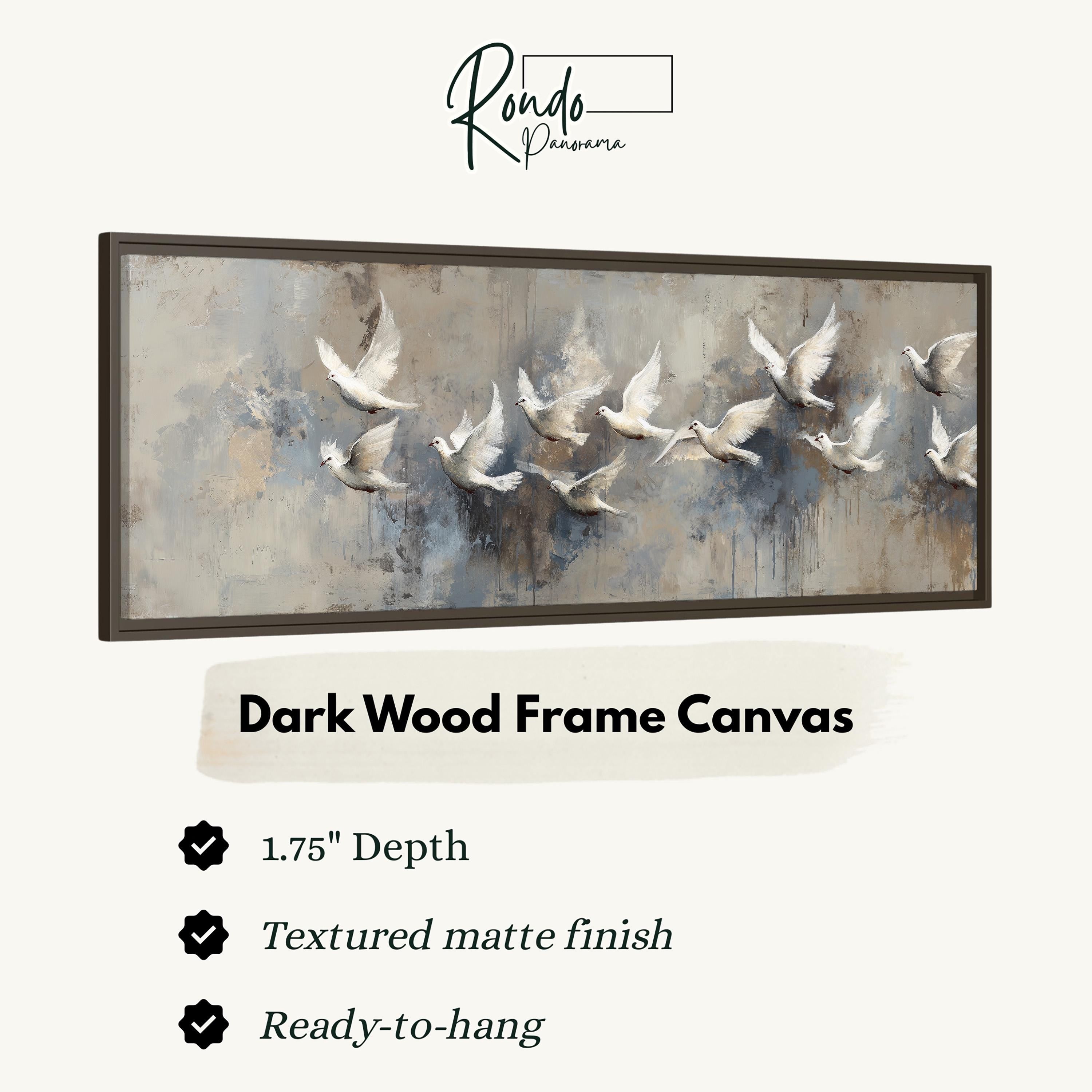 a dark wood frame canvas with a painting of a flock of white birds in flight.