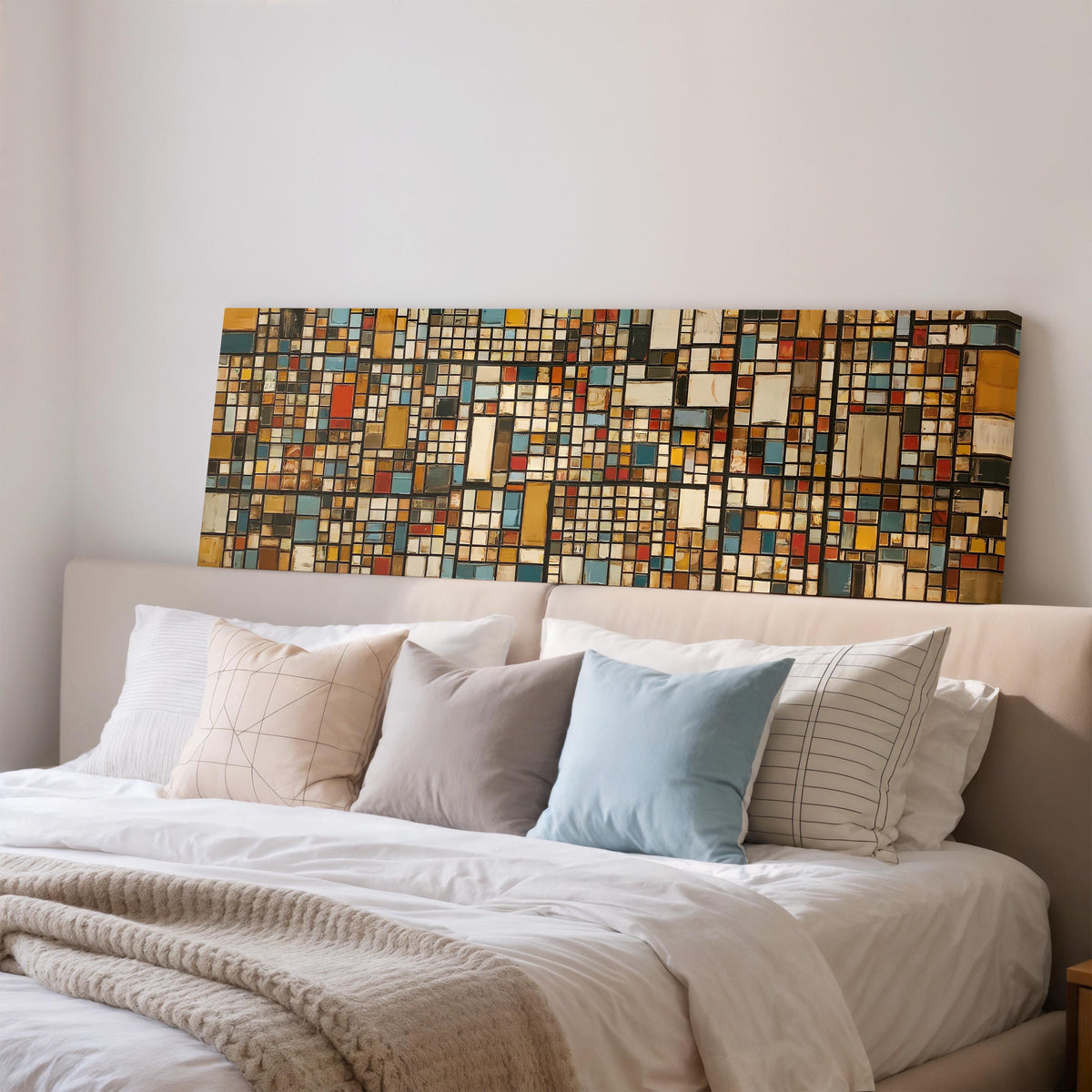 Ochre and blue mosaic tiles with red accents wide panoramic canvas print above a bed in a bedroom