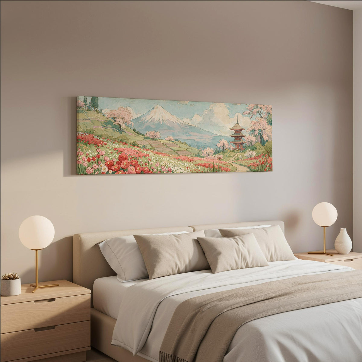 Mount Fuji with sakura and a pagoda wide panoramic canvas print above a bed in a neutral bedroom