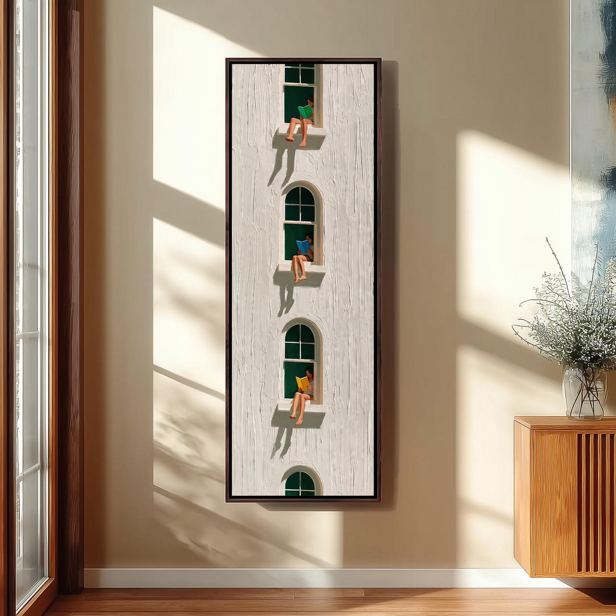 Readers sitting in stacked arched windows tall skinny canvas print in a sunlit living space