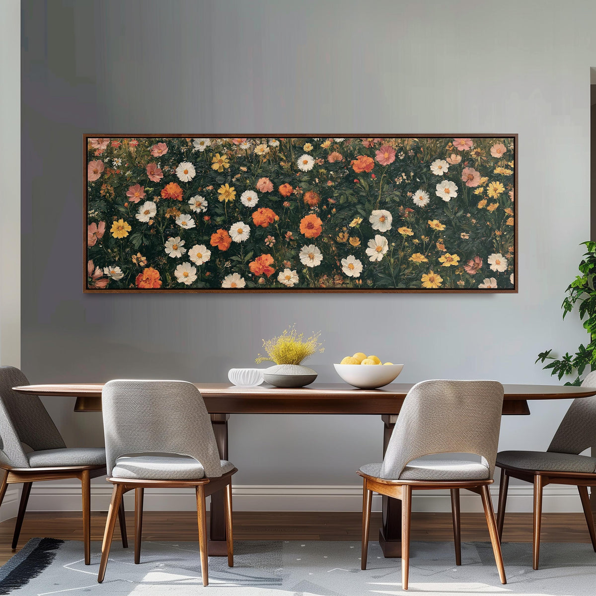 Blooming floral tapestry on dark green long horizontal canvas print above a dining table