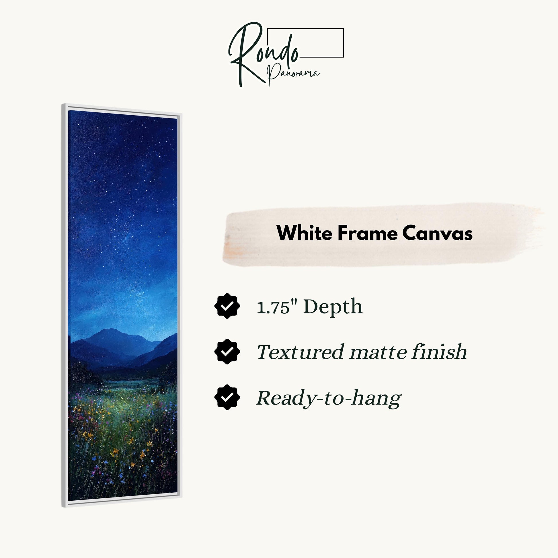 The image is a white frame canvas depicting a night sky with stars and a field of flowers.