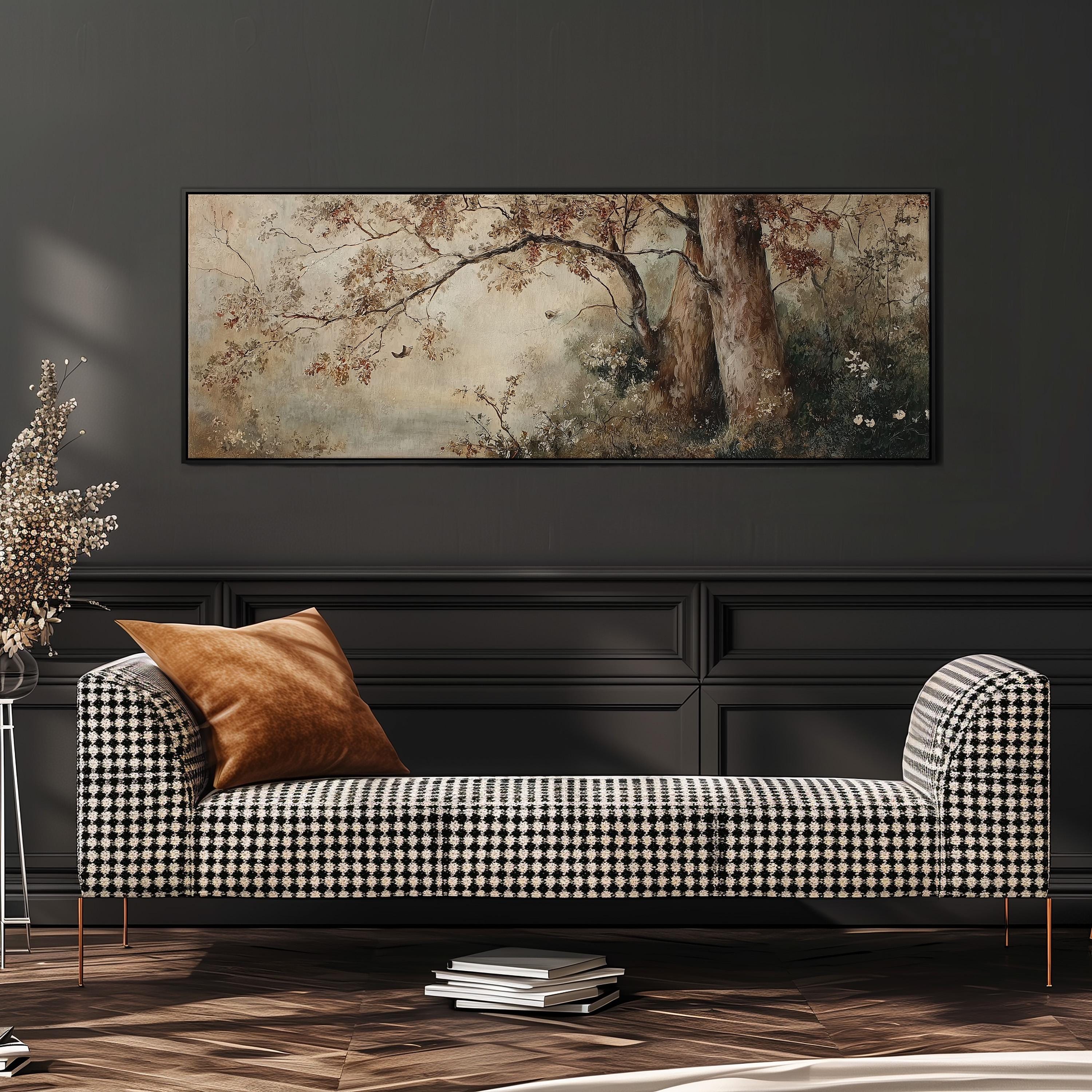 a black and white checkered sofa with a brown throw pillow, set against a dark wall with a large painting hanging above it.