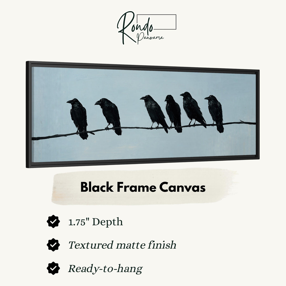 Ravens spaced along a wire canvas print in a black floating frame