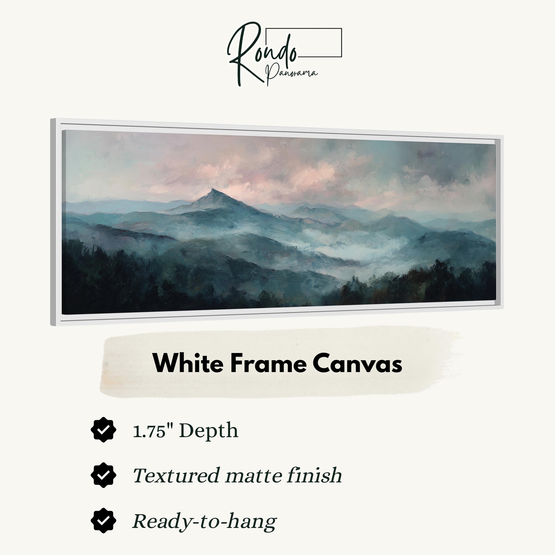 The image is a white frame canvas depicting a mountainous landscape with a hazy, misty atmosphere.