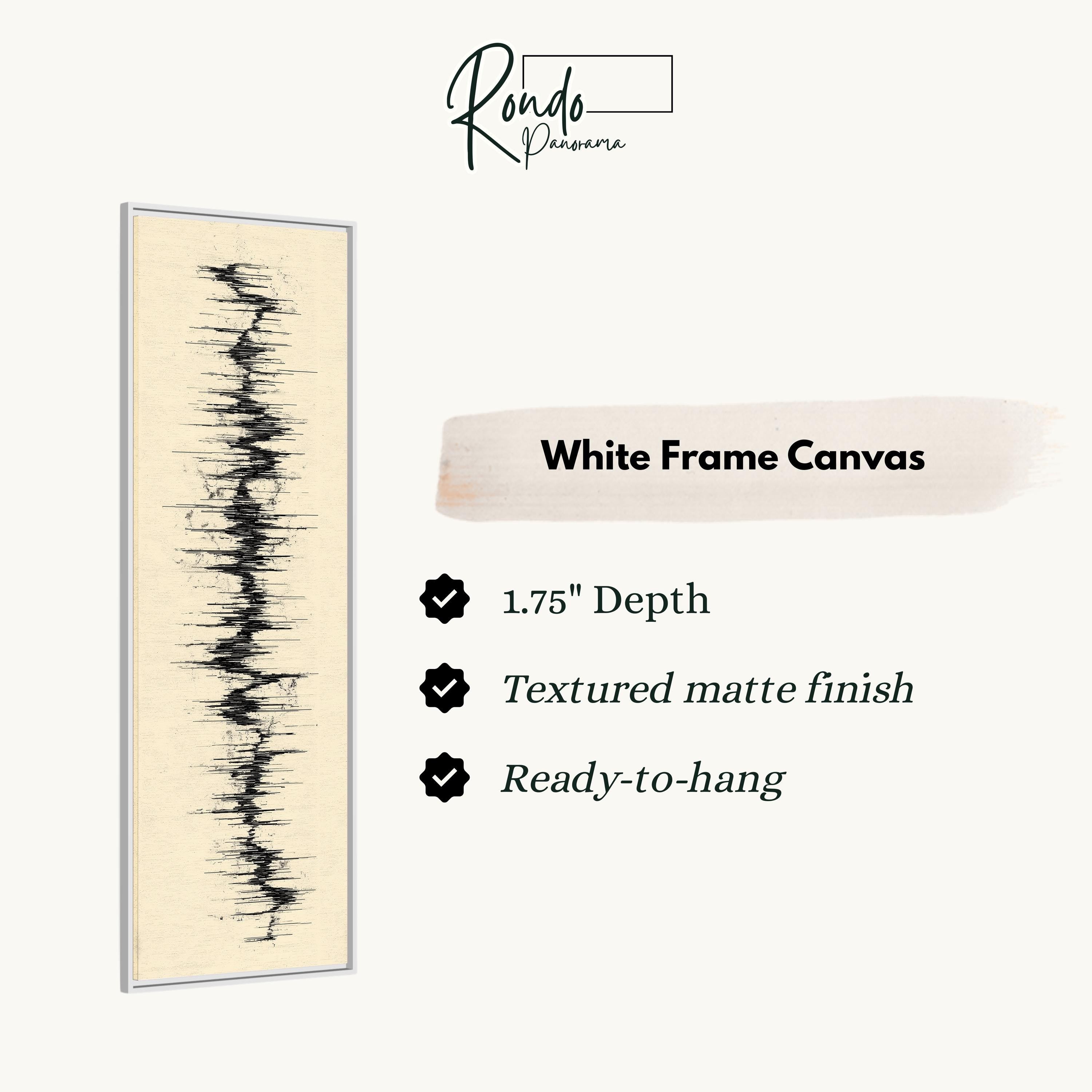 The image is a product description for a white frame canvas. It features a vertical line with a textured finish and a textured matte finish. The canvas is described as having a 1.75" depth and is ready to hang.