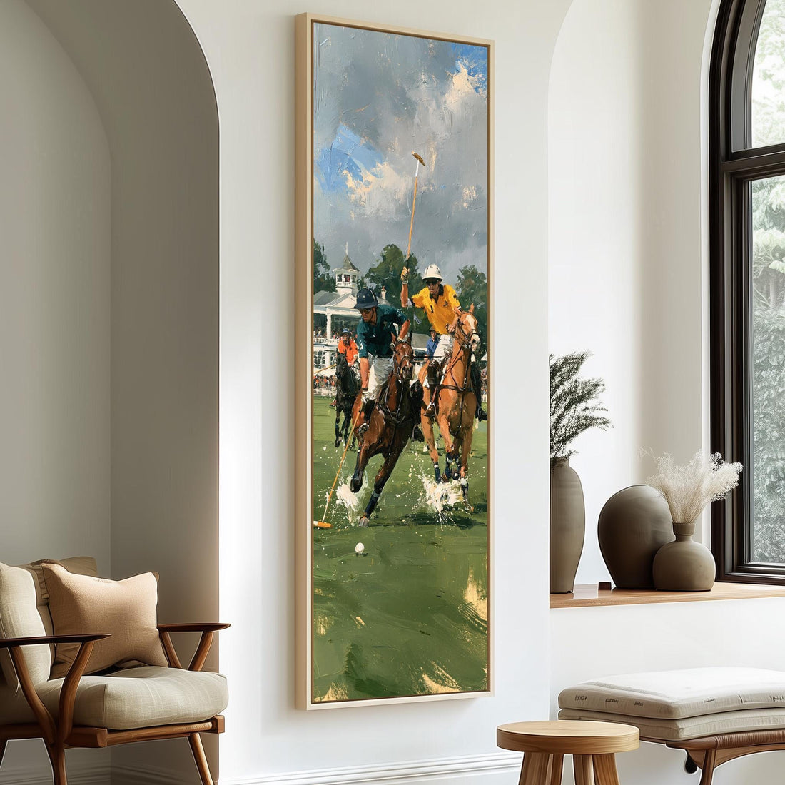 Polo riders racing in front of a clubhouse long vertical canvas print in a sunlit living space