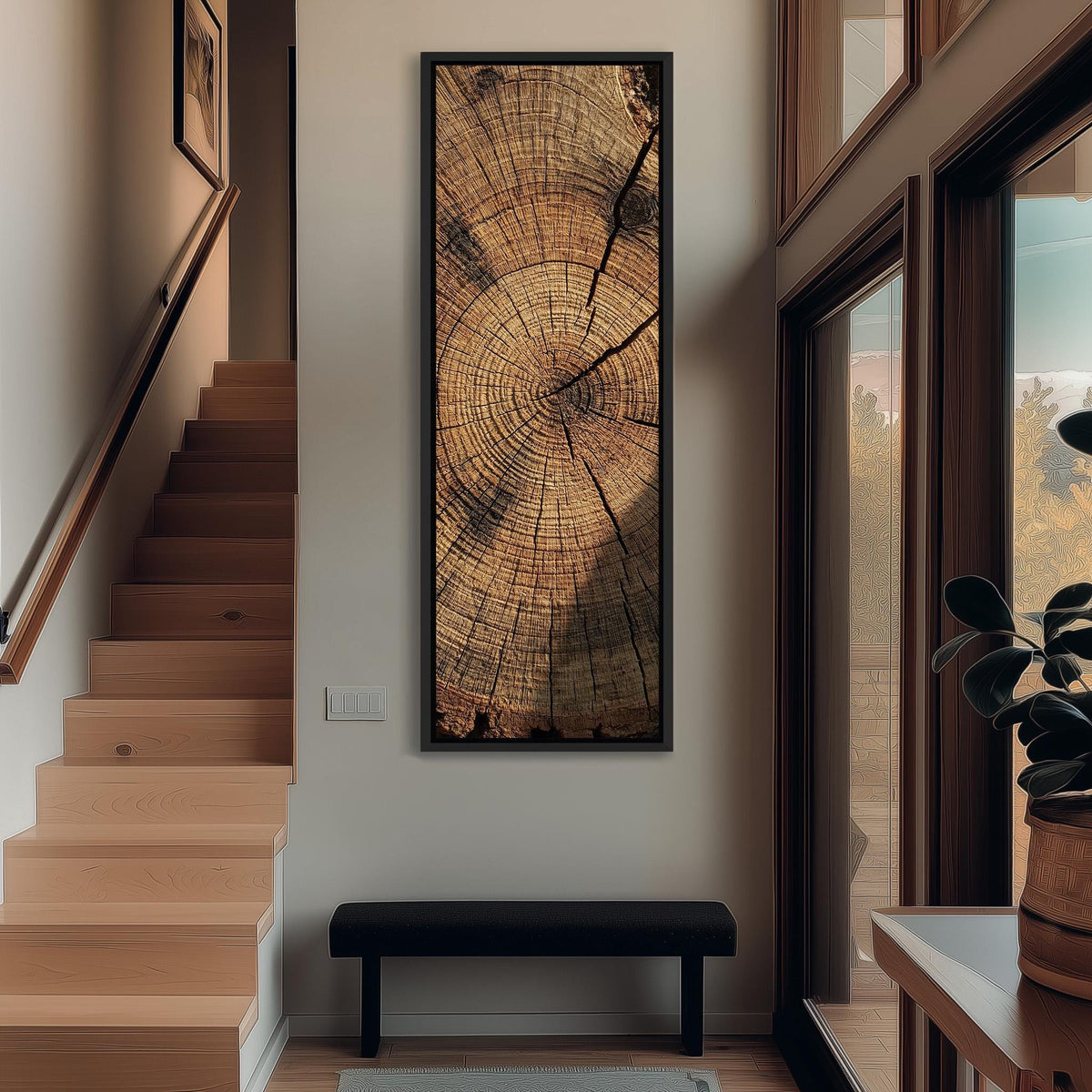 Weathered tree rings tall narrow canvas print beside a staircase in an entryway