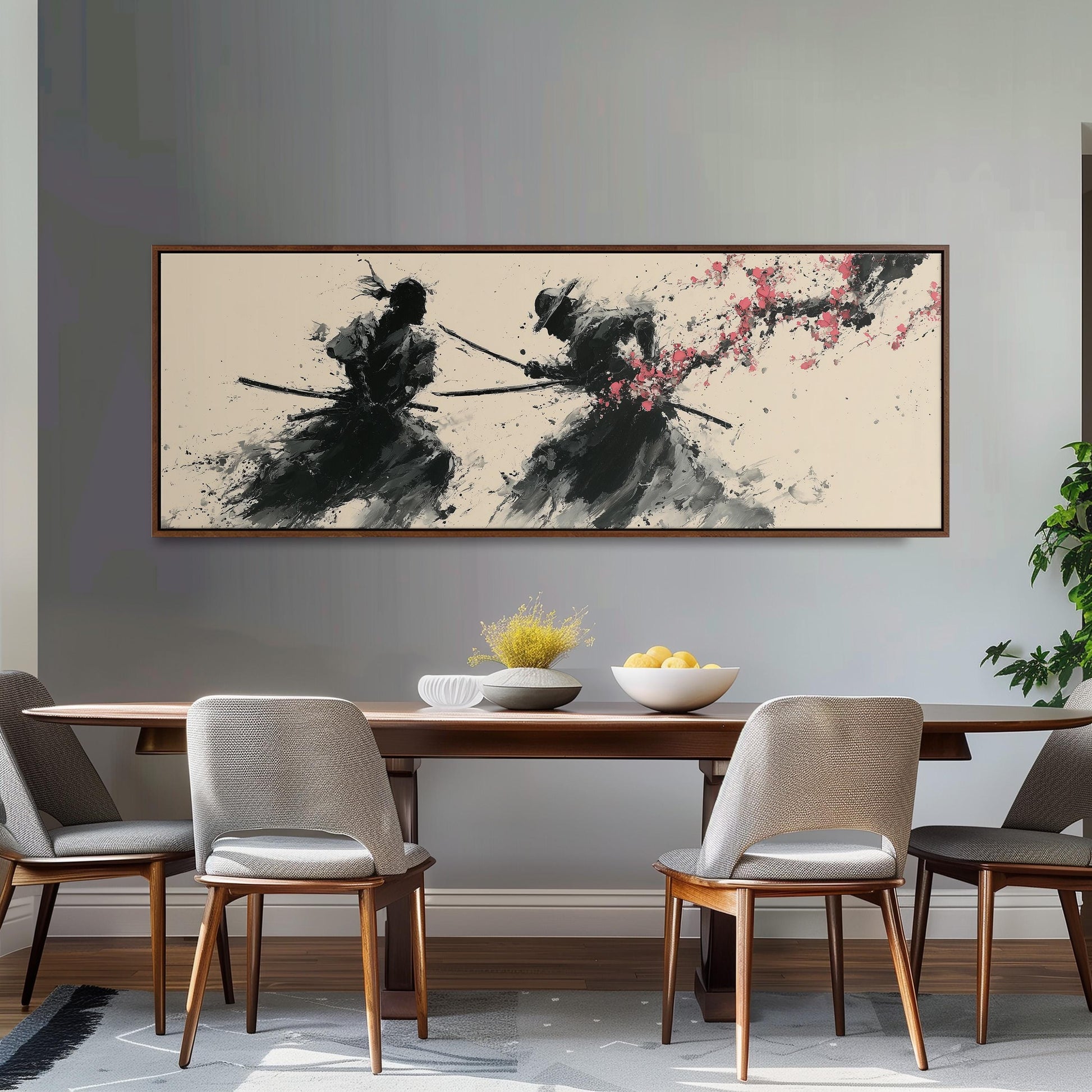 a dining room with a wooden table and four chairs. Above the table, there is a large framed artwork depicting two figures wielding swords and surrounded by pink flowers.