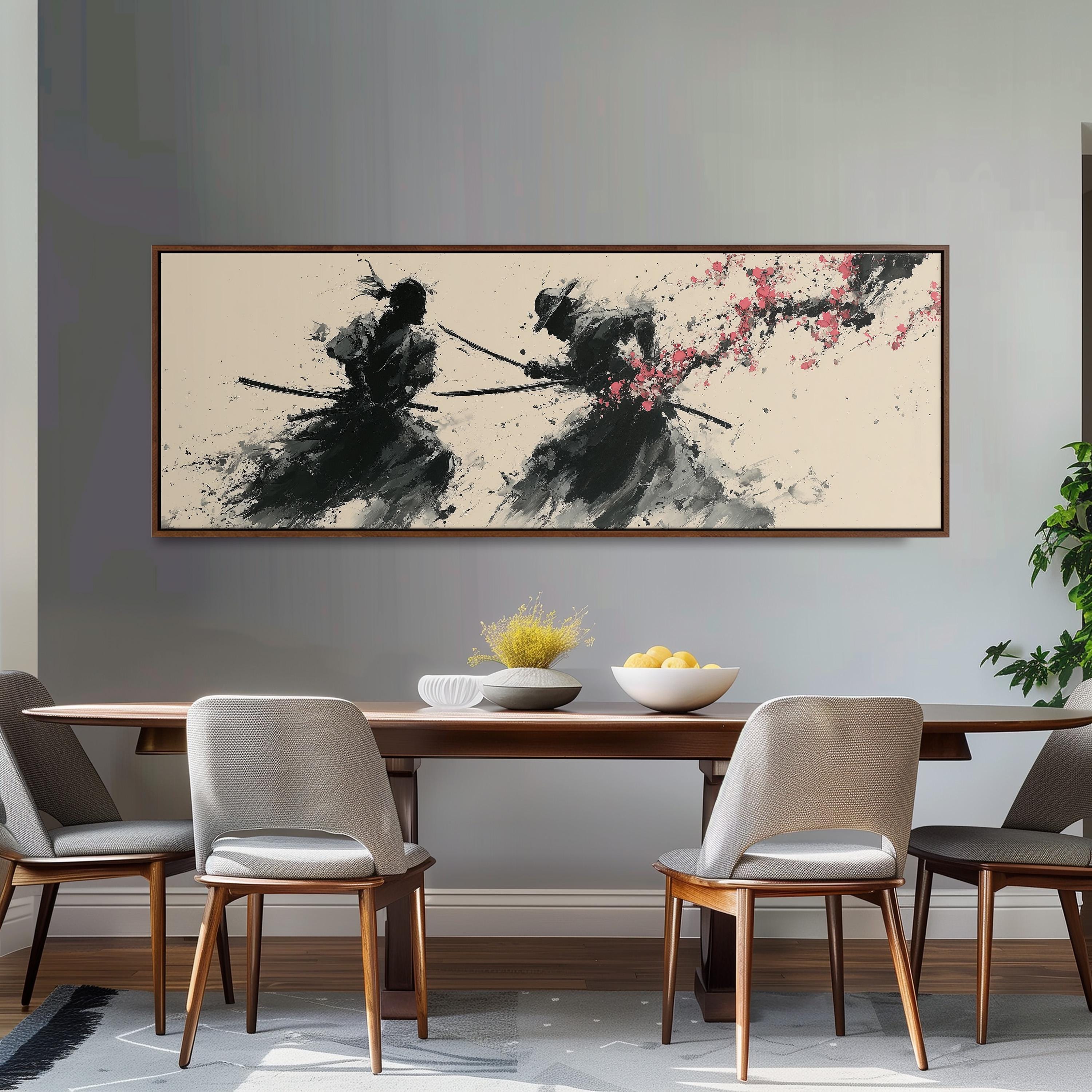 a dining room with a wooden table and four chairs. Above the table, there is a large framed artwork depicting two figures wielding swords and surrounded by pink flowers.