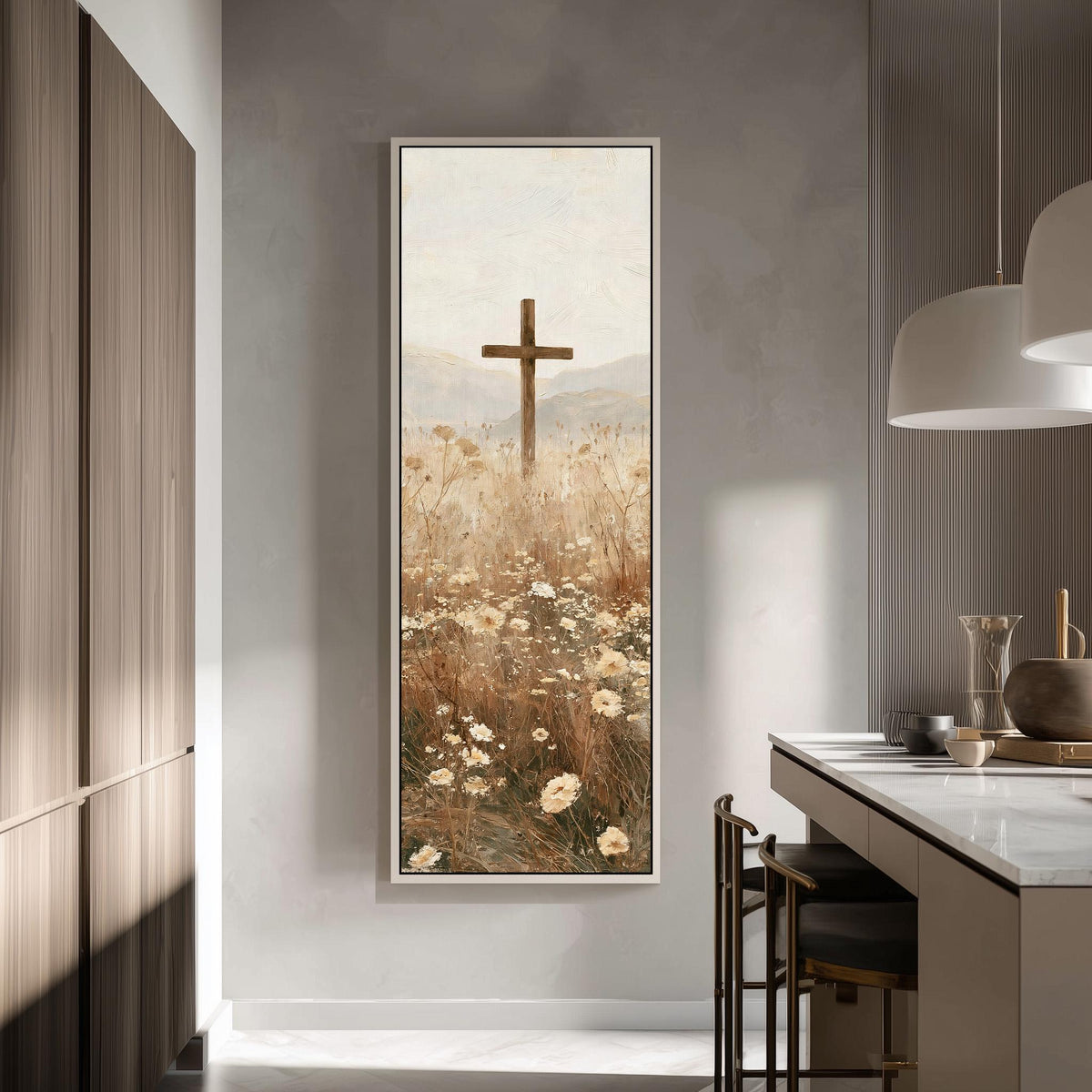 Wooden cross in a daisy field tall skinny canvas print in a modern kitchen