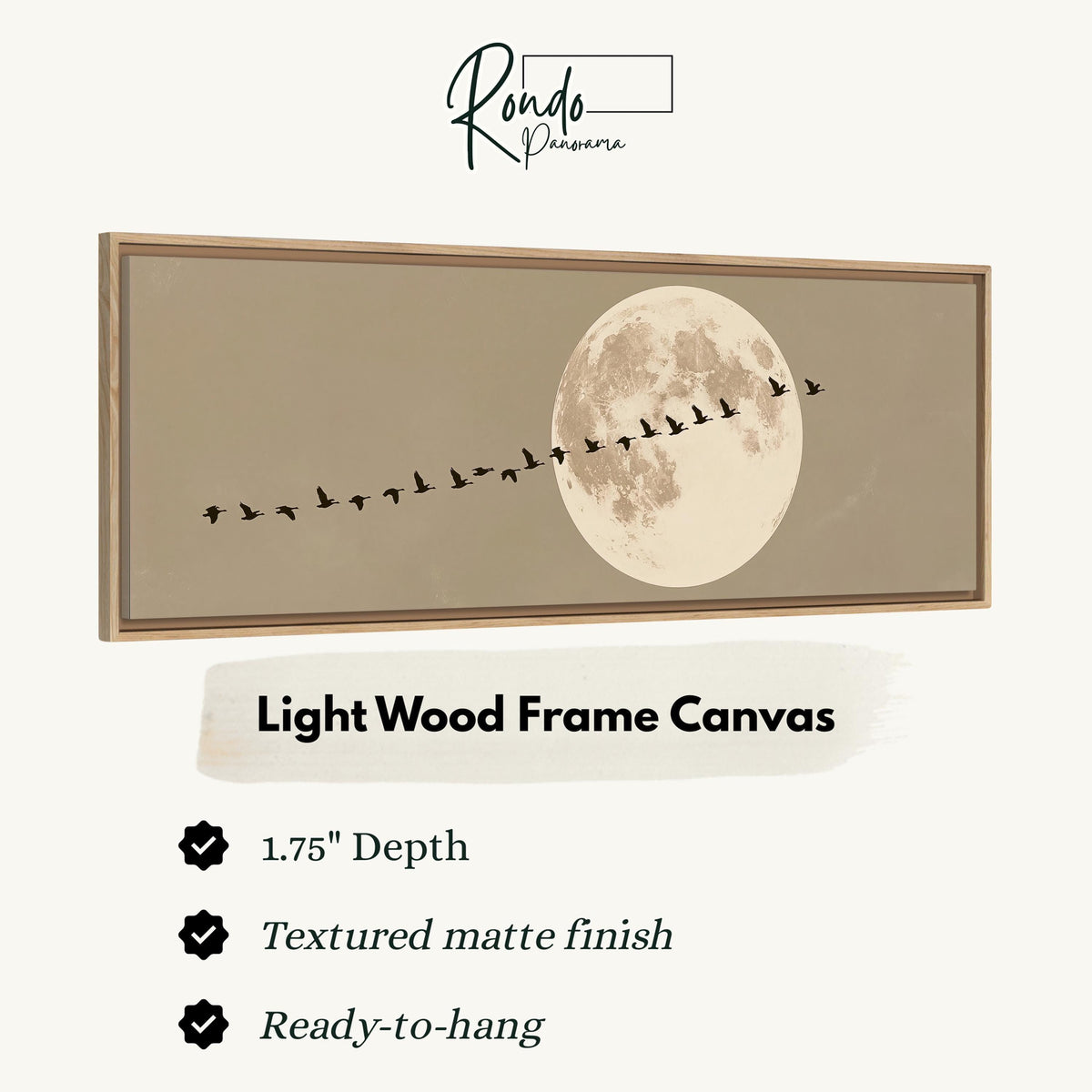 Geese flying past a full moon canvas print in a light wood floating frame
