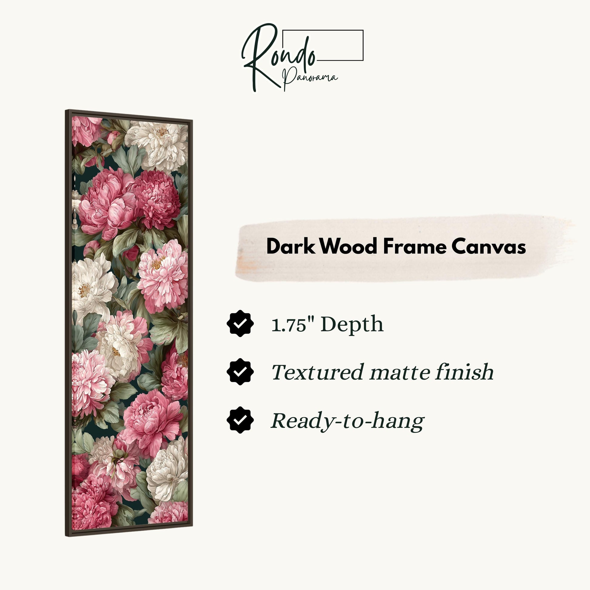 a dark wood frame canvas with a floral design of pink and white flowers. The canvas has a 1.75" depth and is textured with a matte finish, making it ready to hang.