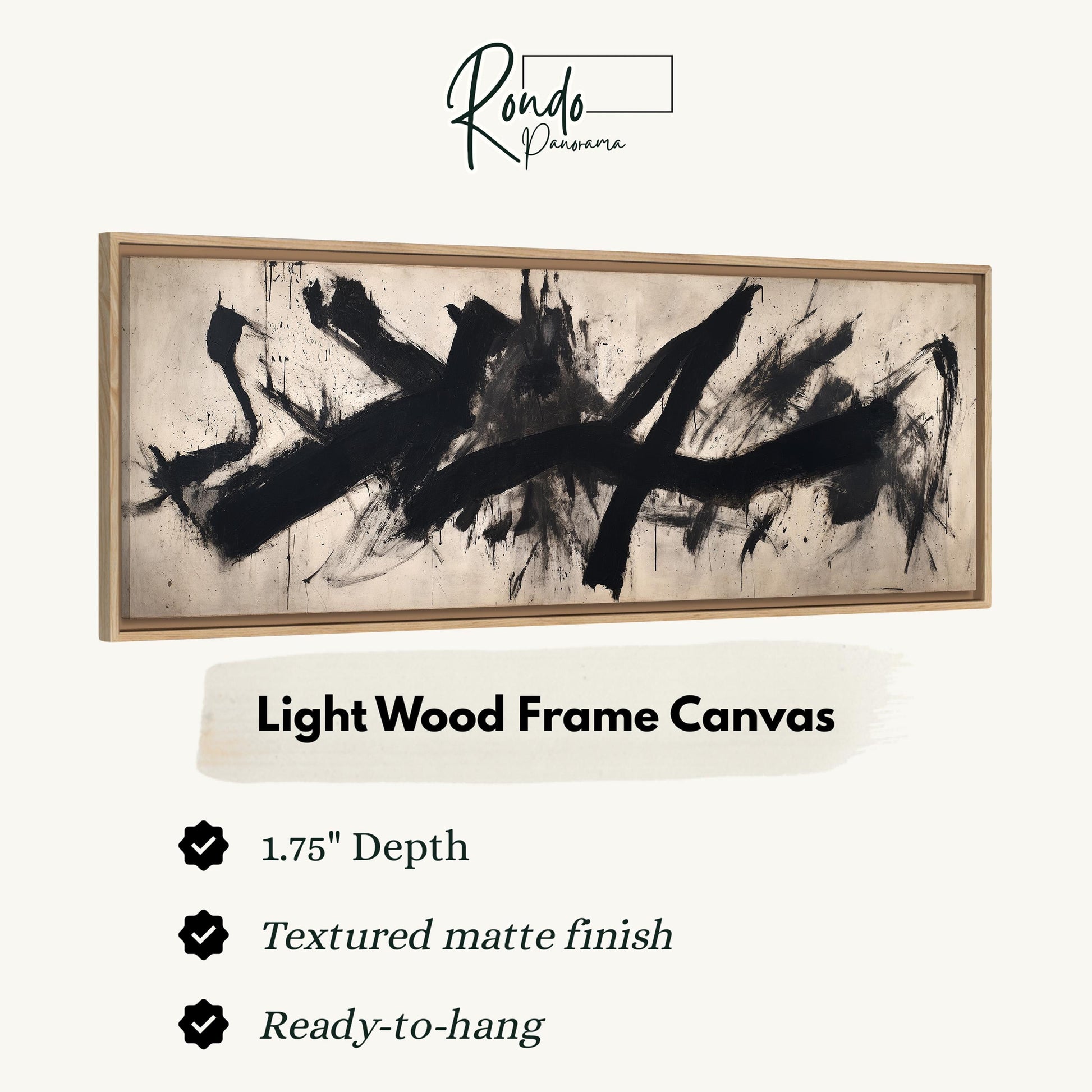 a large abstract painting with bold black strokes, displayed on a light wood frame.
