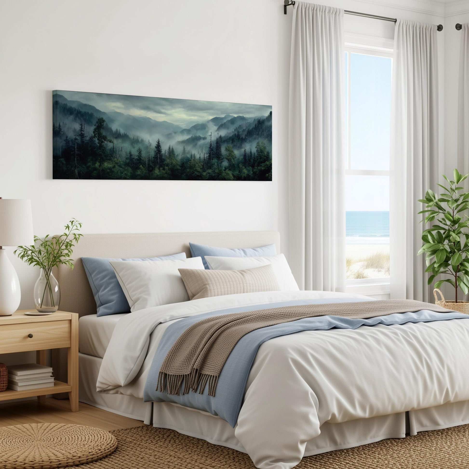 a serene bedroom with a large bed, a nightstand, and a painting of a forest landscape on the wall. The room has a calming and peaceful atmosphere, with natural elements like plants and a view of the ocean through the window.