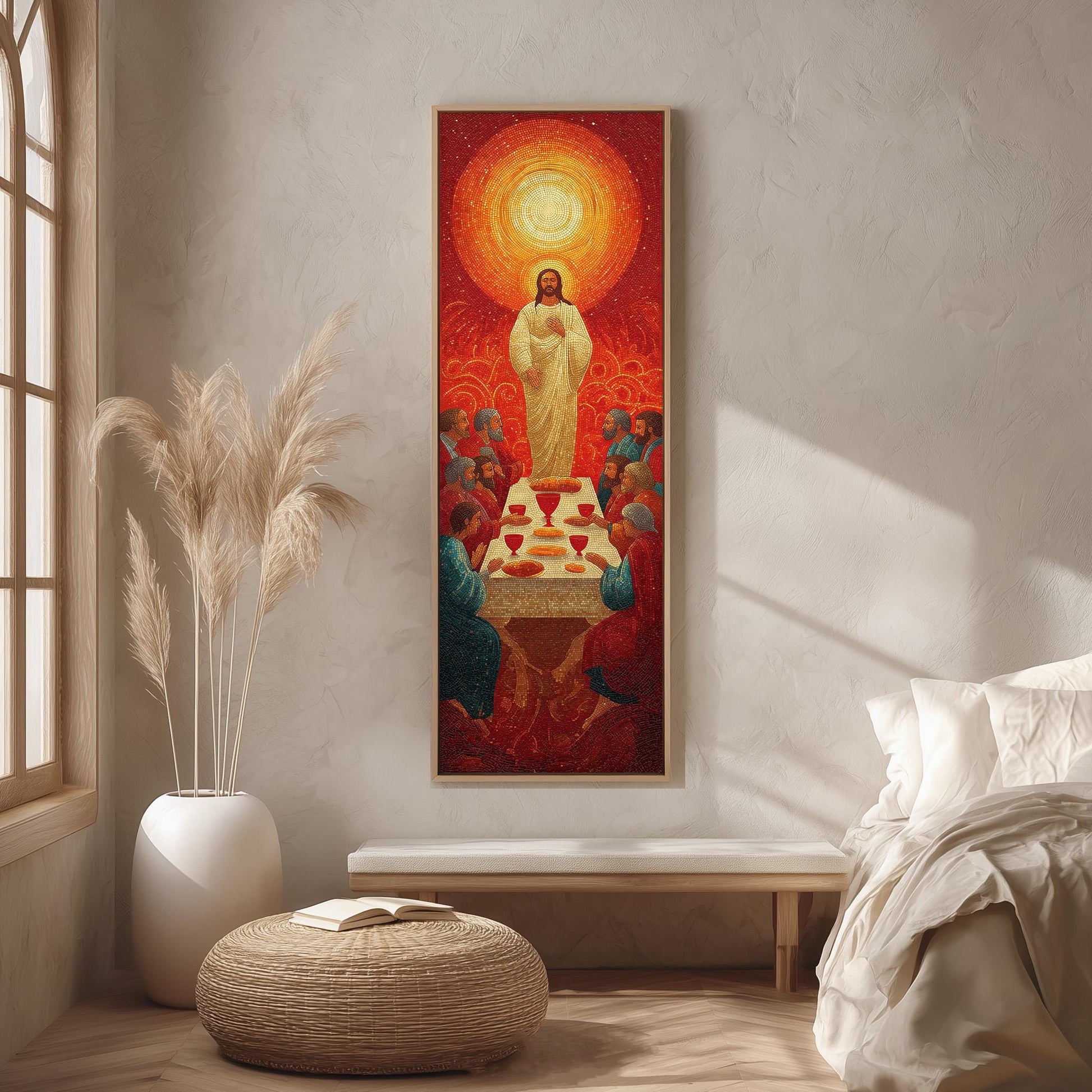 a large, colorful painting of Jesus Christ surrounded by a group of people, with a red background and a bright sun in the center. The painting is hanging on a wall in a room with a bed, a potted plant, and a bench.