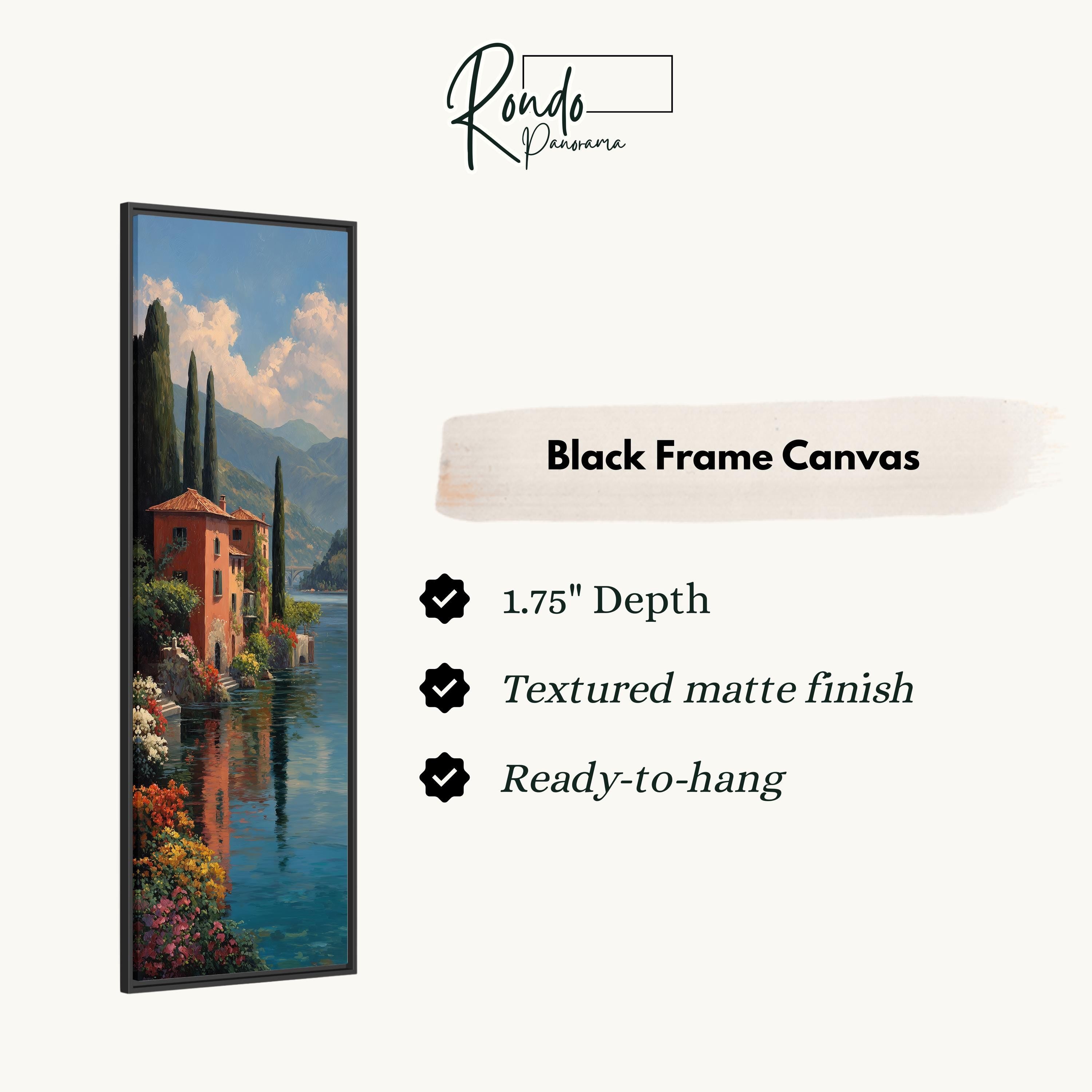 The image is a black frame canvas depicting a scenic landscape with a house and a river.