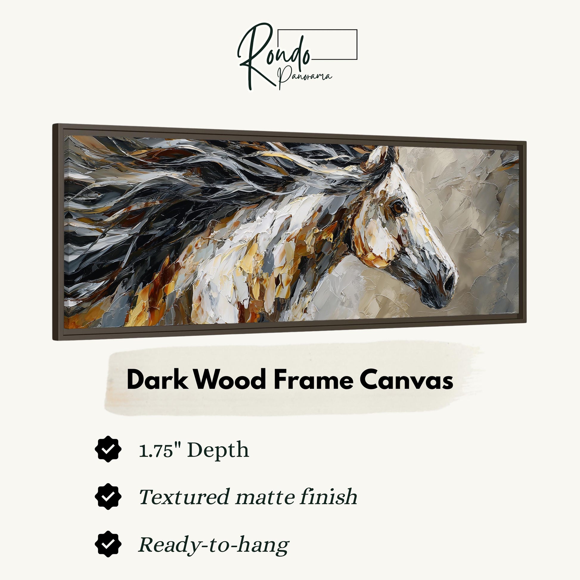 The image is a framed artwork depicting a horse in motion, with a dark wood frame.